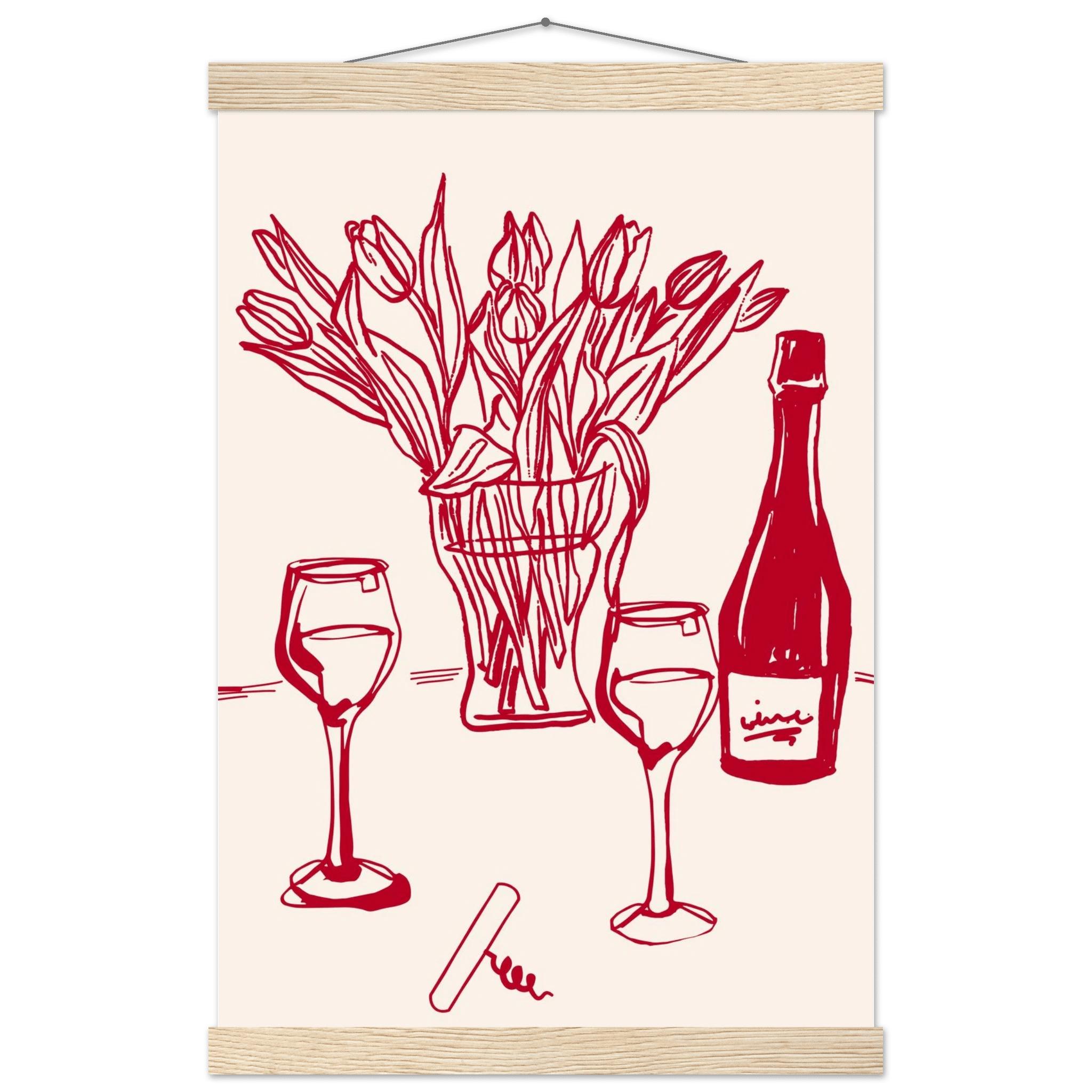 Red Wine & Tulips Print | Line Art Wine Bottle Wall Art | Kitchen Poster - Evergreen Posters