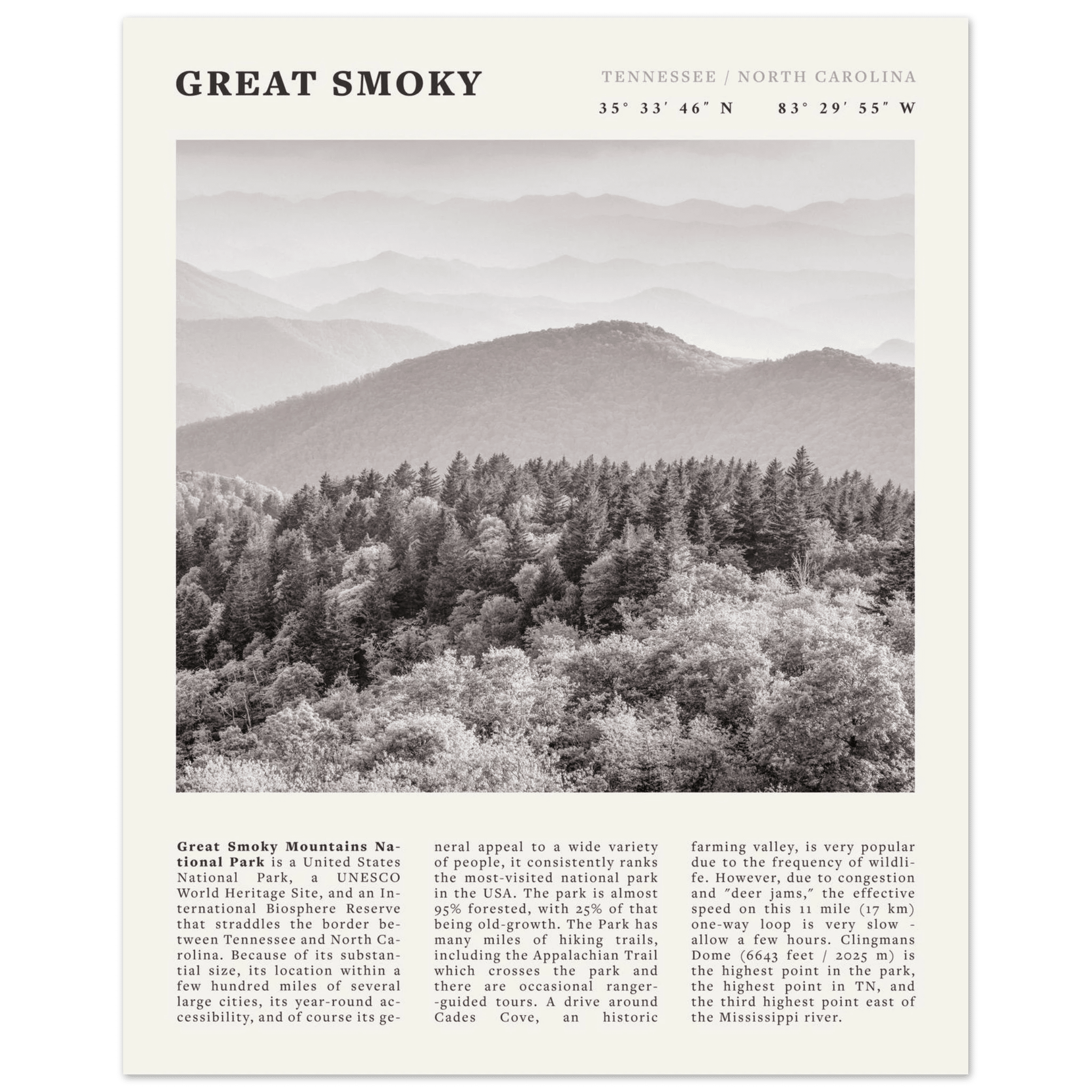 Great Smoky Mountains Poster | Black & White National Park Wall Art | Tennessee Print - Evergreen Posters