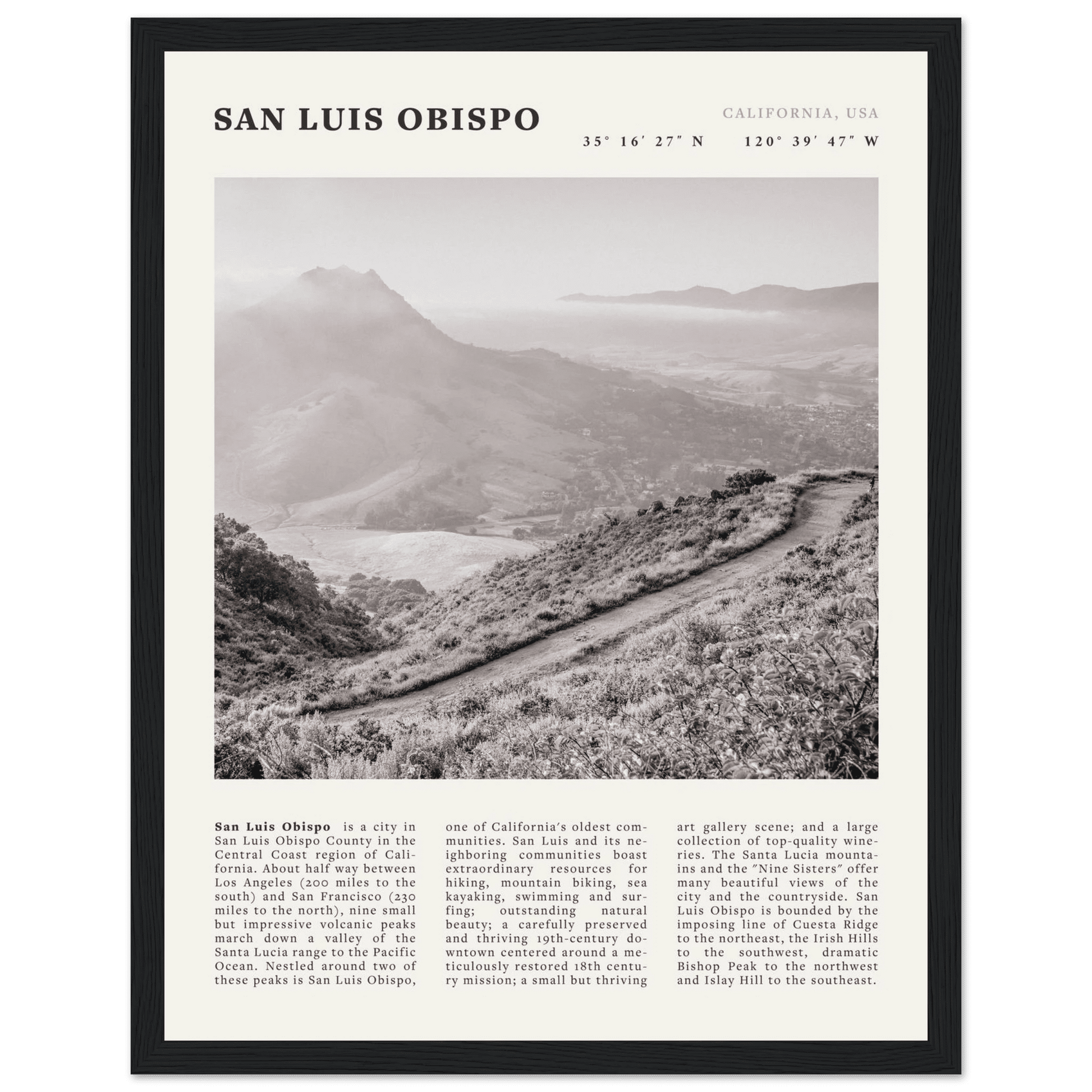 San Luis Obispo Poster | Black & White California Wall Art | SLO Travel Print - Evergreen Posters