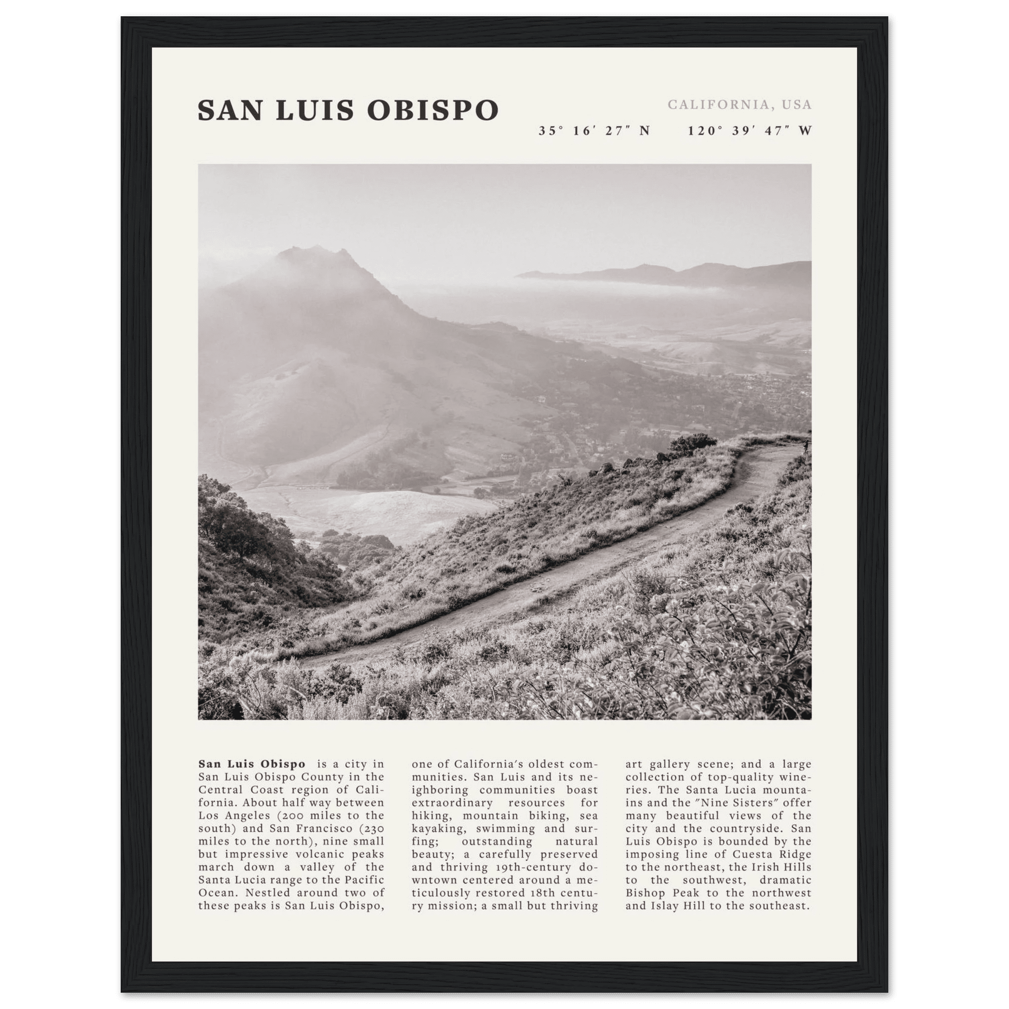 San Luis Obispo Poster | Black & White California Wall Art | SLO Travel Print - Evergreen Posters
