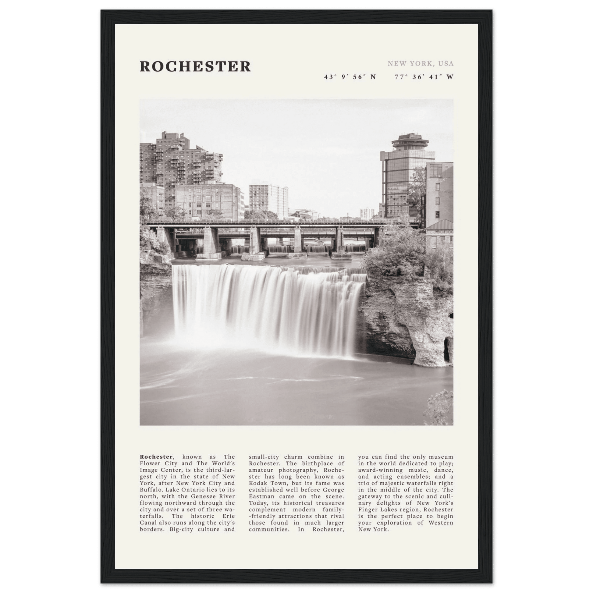 Rochester Poster | Black & White High Falls Wall Art | New York Travel Print - Evergreen Posters