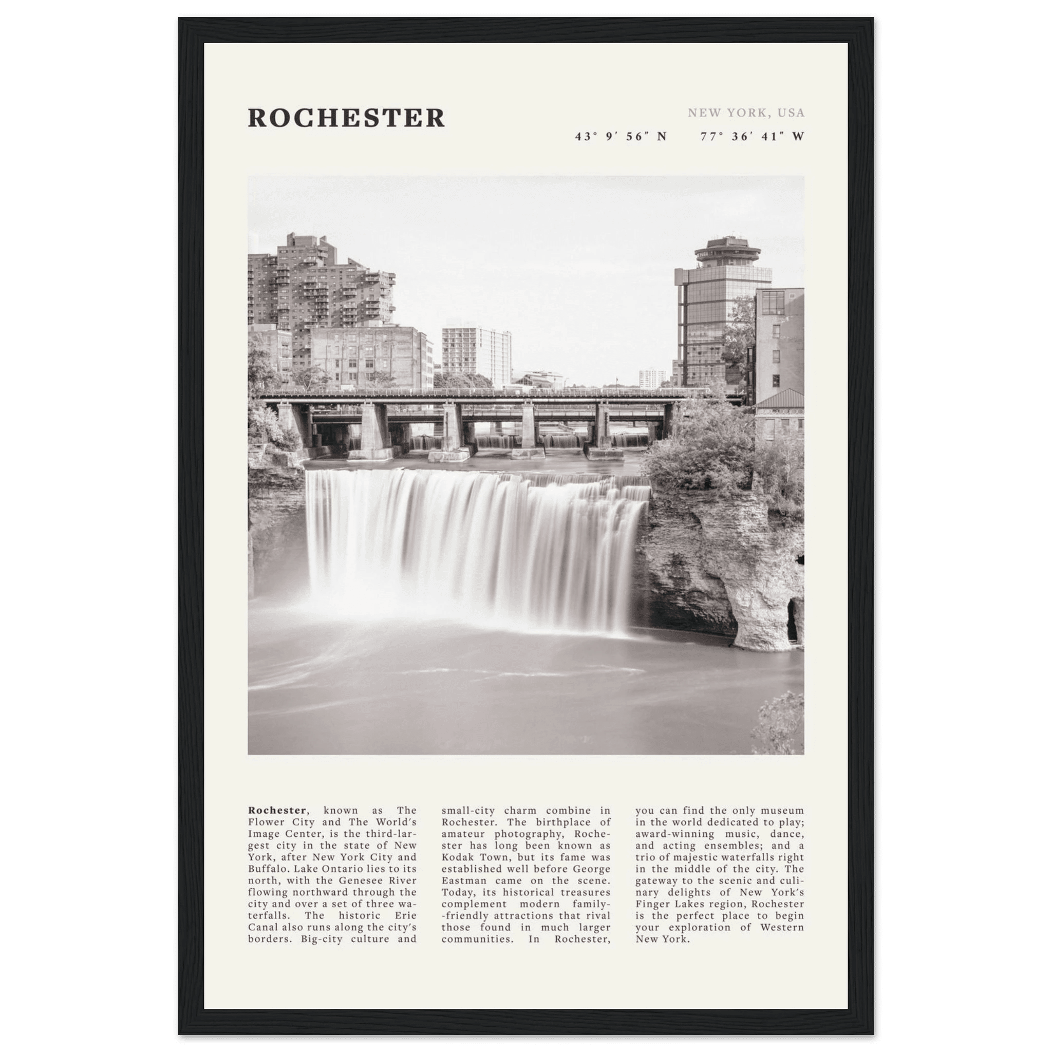 Rochester Poster | Black & White High Falls Wall Art | New York Travel Print - Evergreen Posters