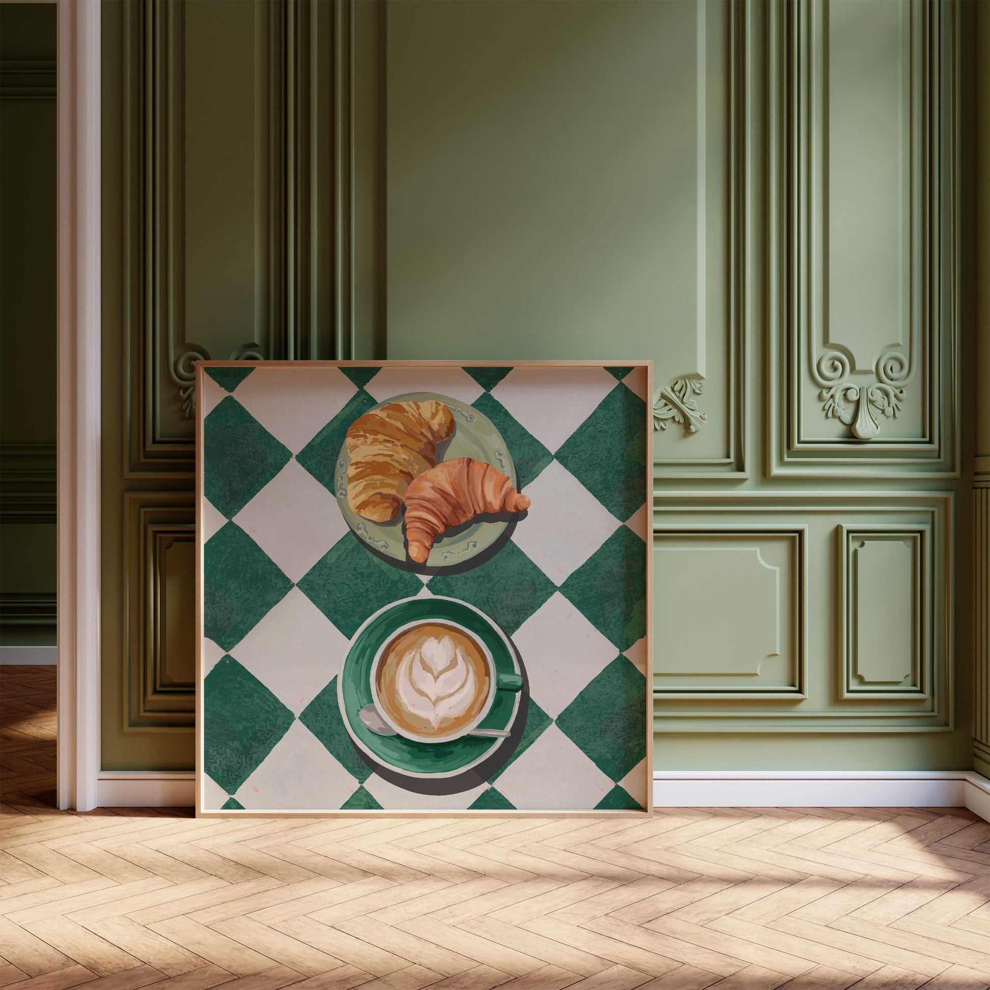 Croissant & Latte Poster | Classic Kitchen Wall Art | Green Tile Square Breakfast Print - Evergreen Posters - 41