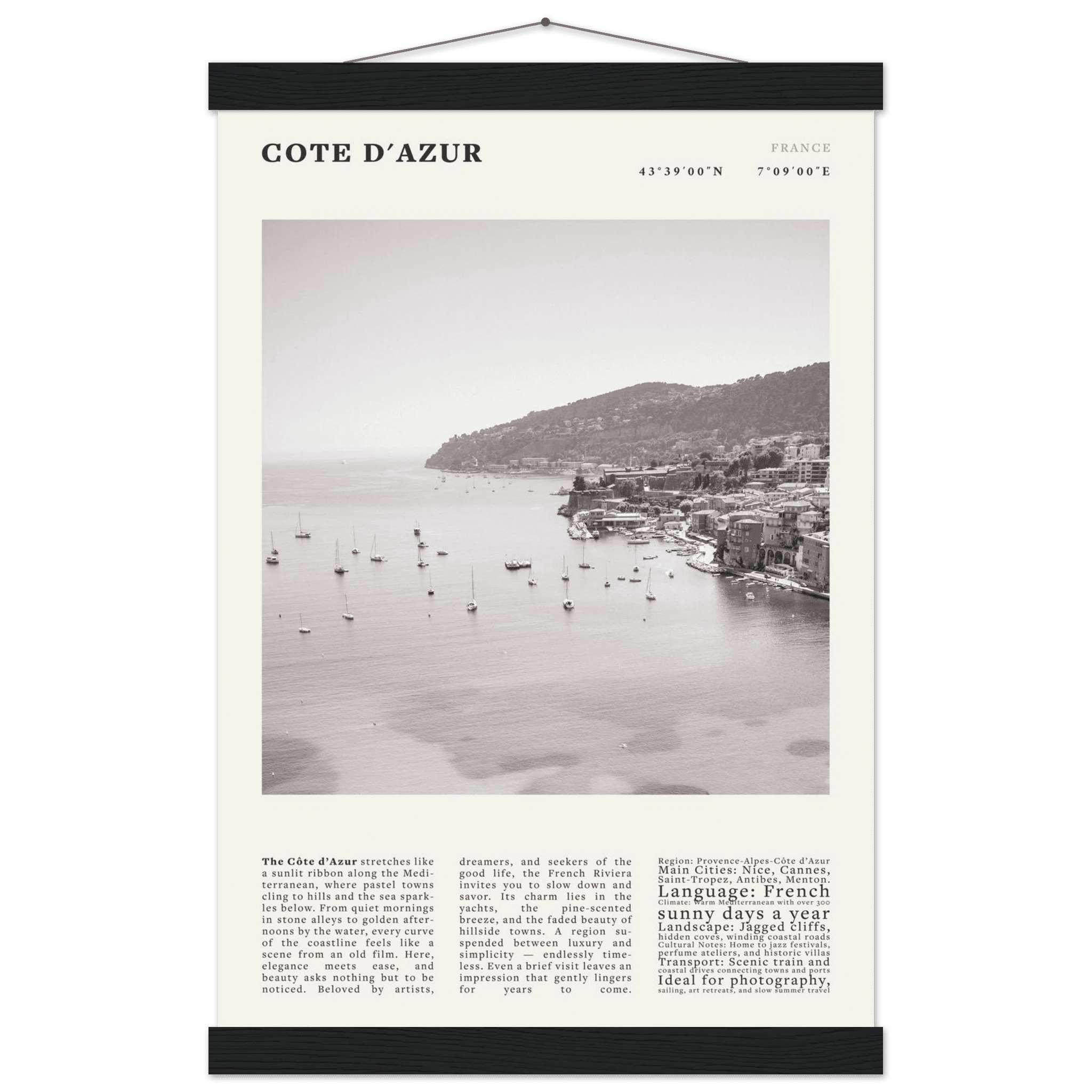 Côte d'Azur Poster Black and White – Vintage French Riviera Coast Print (Digital & Printed Options) - Evergreen Posters