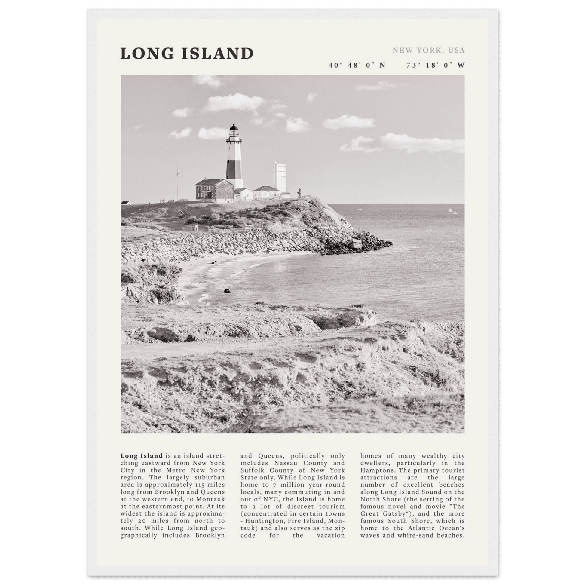 Long Island Poster | Black & White Montauk Lighthouse Wall Art | New York Print - Evergreen Posters