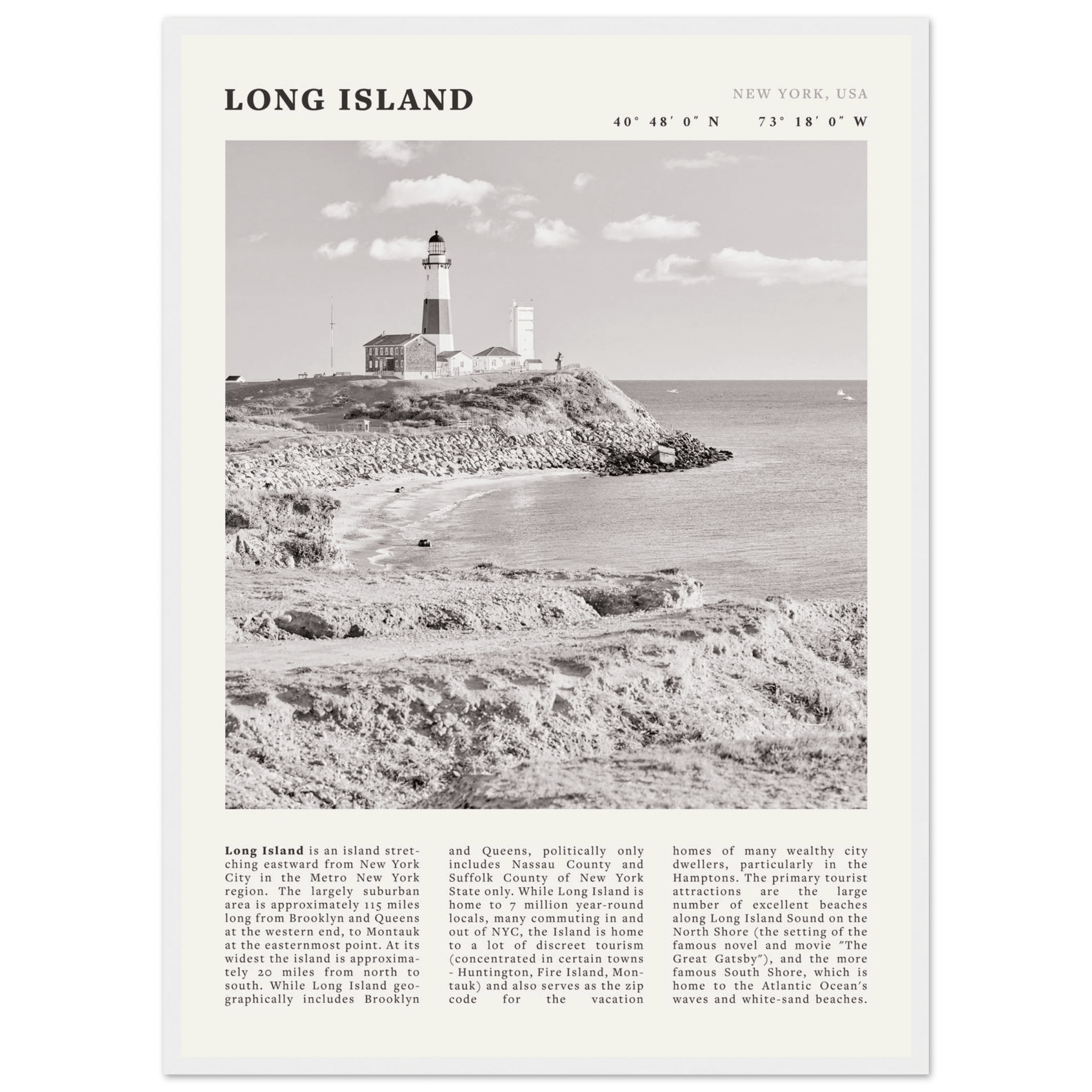 Long Island Poster | Black & White Montauk Lighthouse Wall Art | New York Print - Evergreen Posters