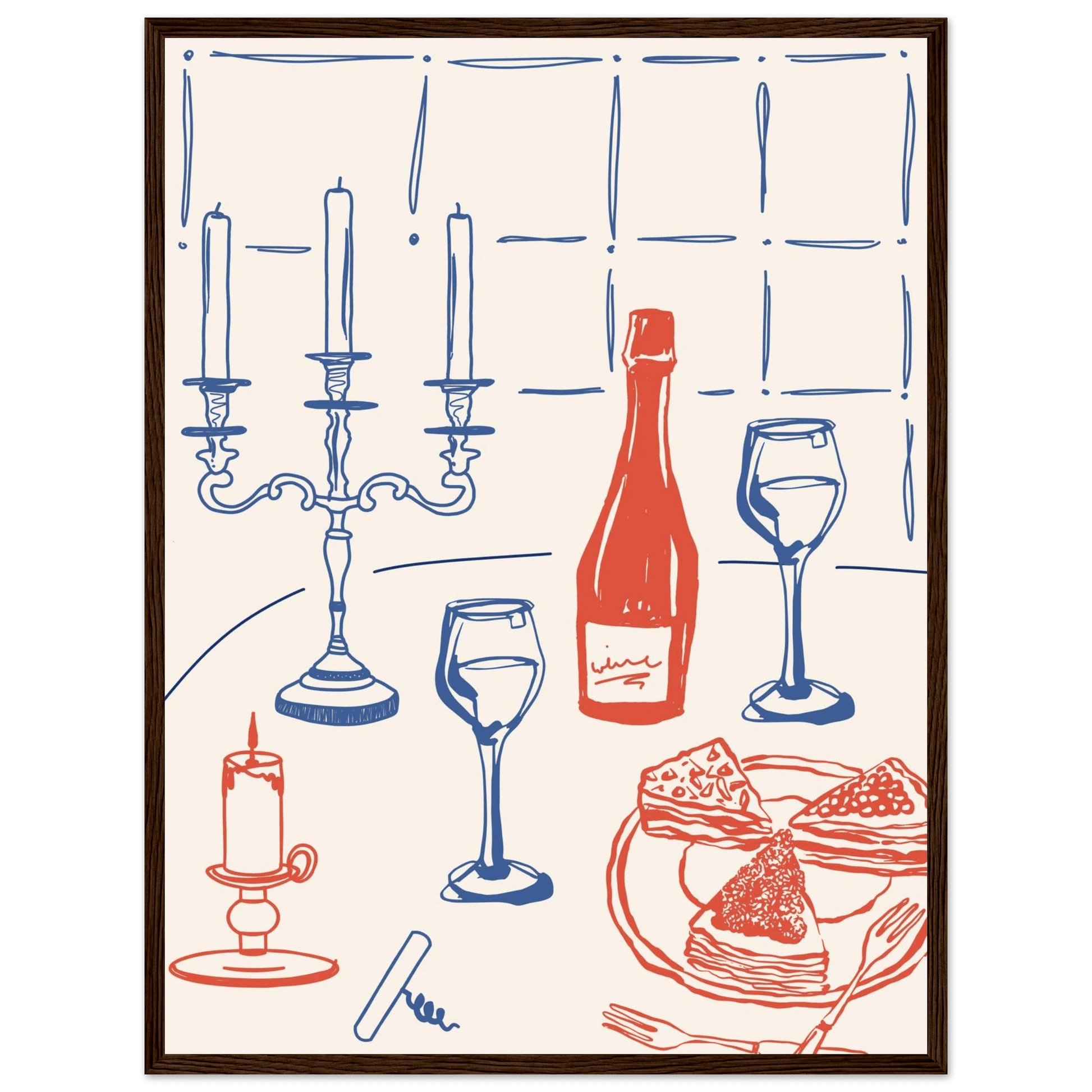 Candlelight Dinner Print | Wine & Candelabra Line Art Wall Art | Kitchen Poster - Evergreen Posters