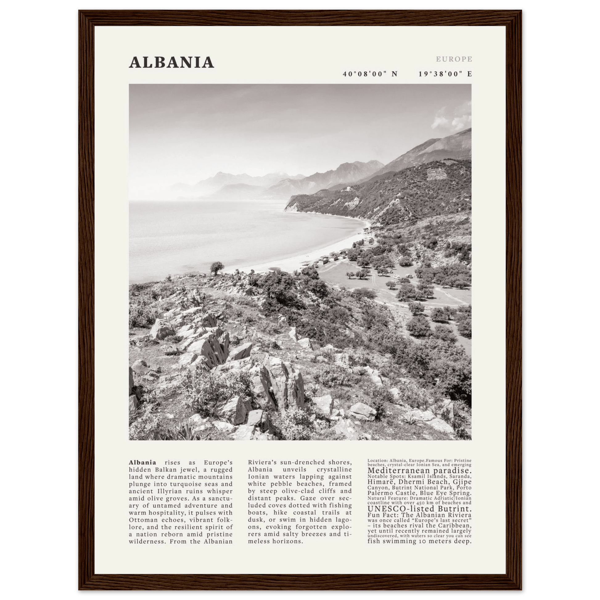 Albania Poster Black and White – Vintage Albanian Riviera Travel Print (Digital & Printed Options) - Evergreen Posters