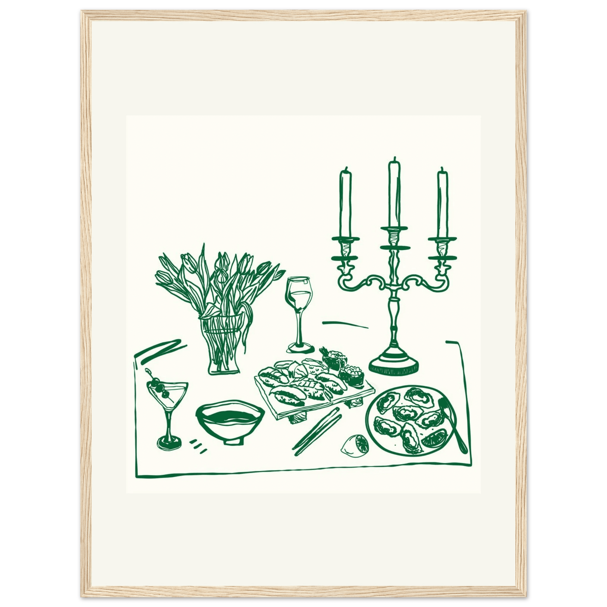 Fine Dining Table Print | Green Line Art Kitchen Wall Art | Elegant Dining Room Poster - Evergreen Posters