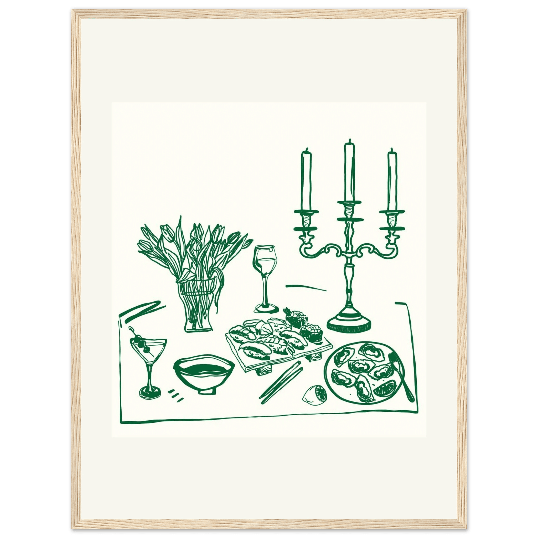 Fine Dining Table Print | Green Line Art Kitchen Wall Art | Elegant Dining Room Poster - Evergreen Posters