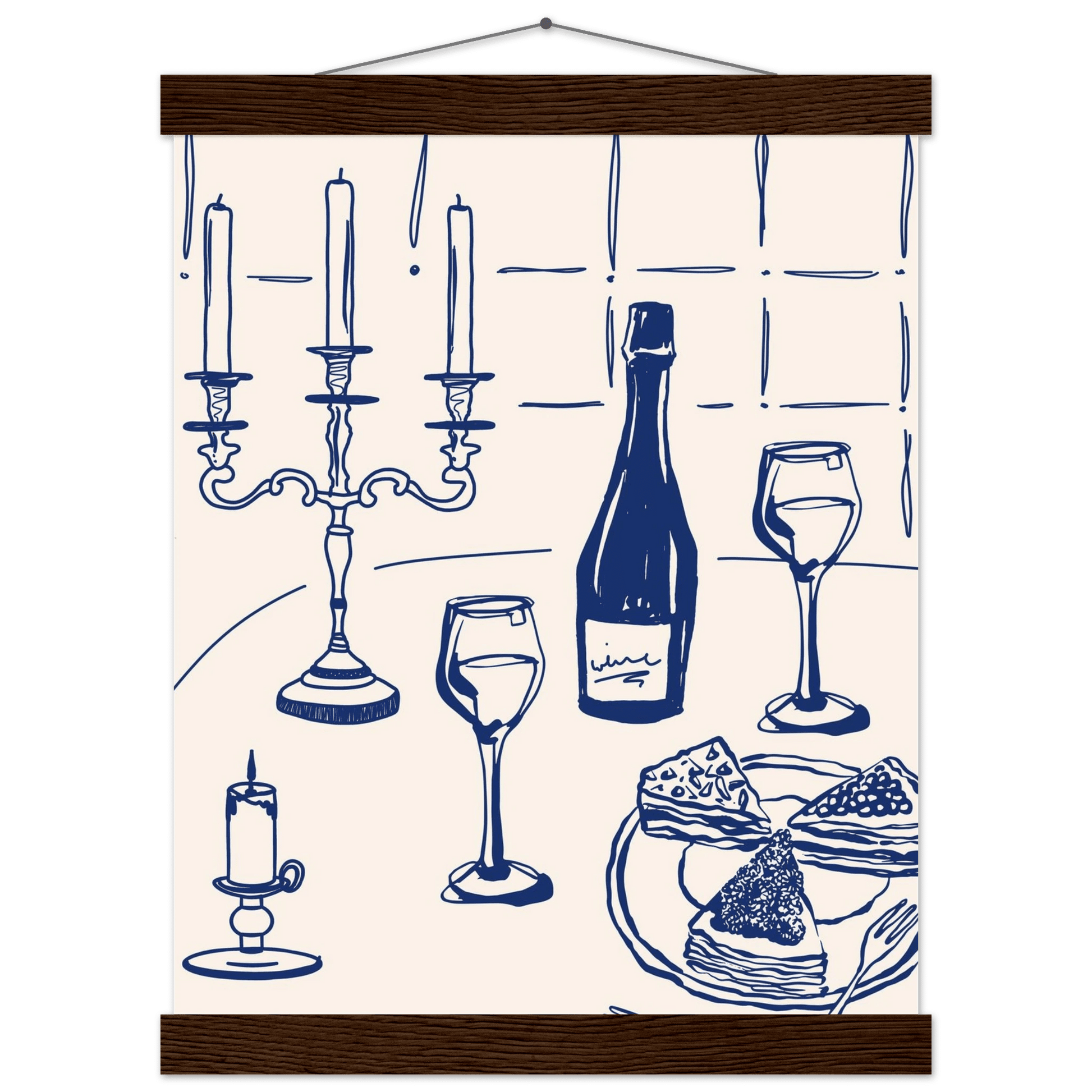 Candlelight Dinner Print | Navy Blue Wine & Candelabra Line Art | Kitchen Poster - Evergreen Posters