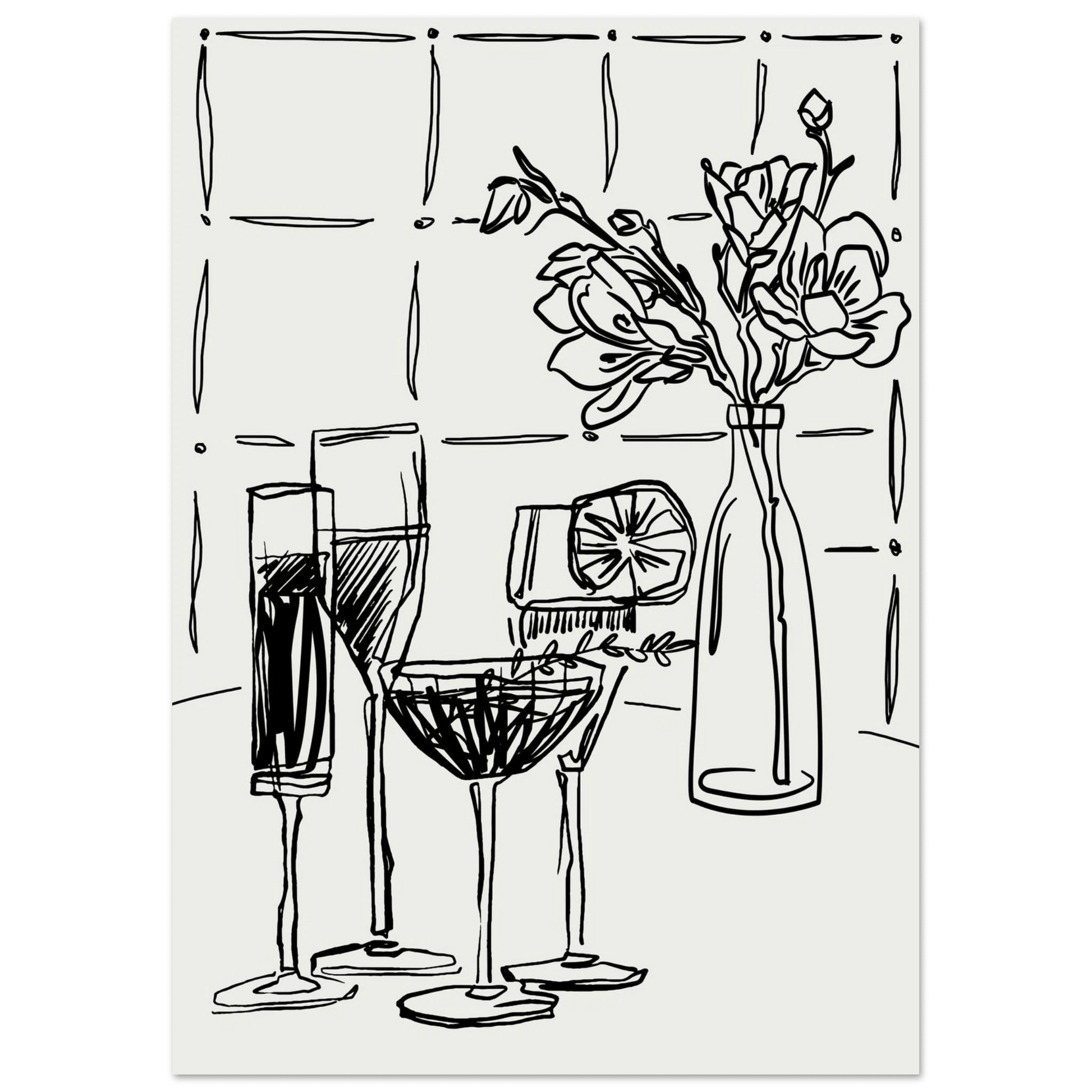Cocktails & Flowers Print | Black Line Art Drinks Wall Art | Kitchen Bar Poster - Evergreen Posters