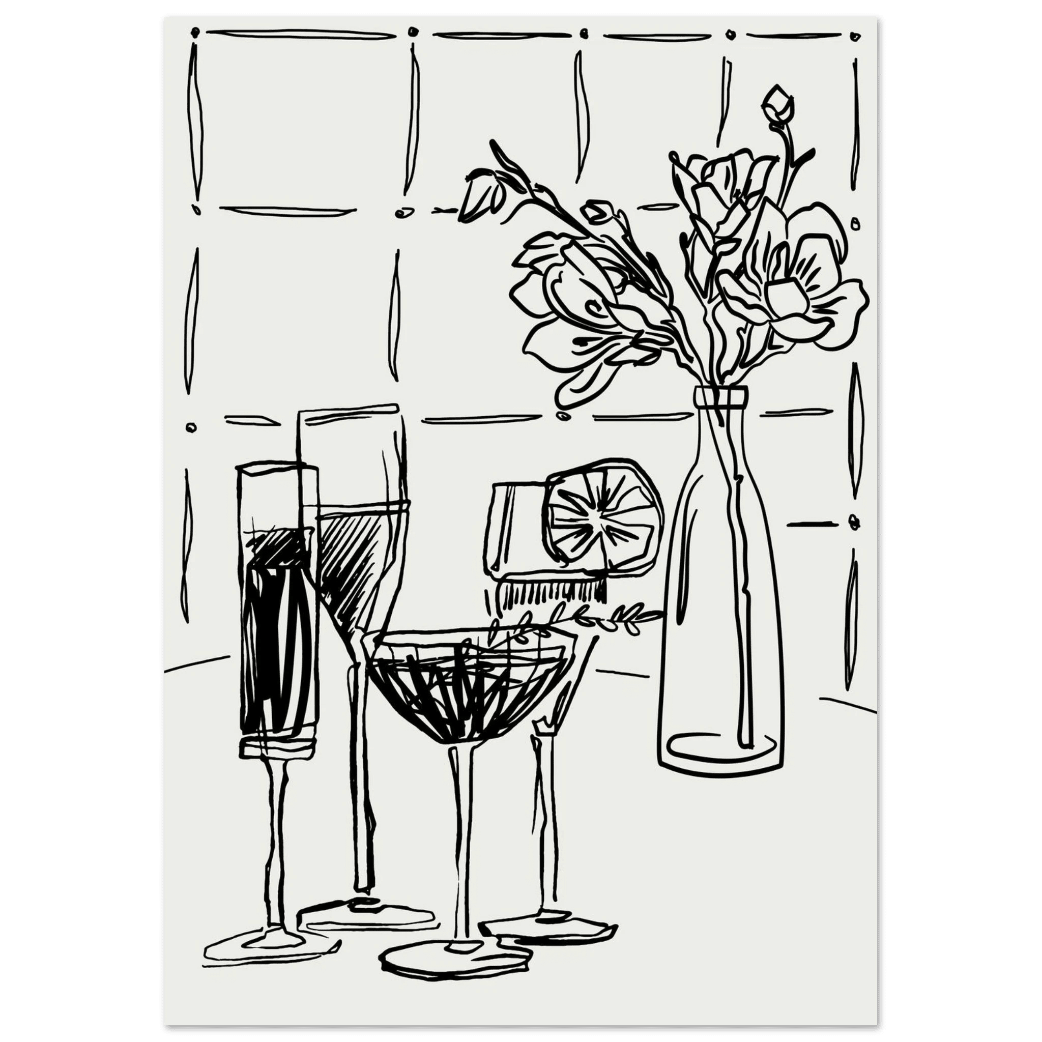 Cocktails & Flowers Print | Black Line Art Drinks Wall Art | Kitchen Bar Poster - Evergreen Posters