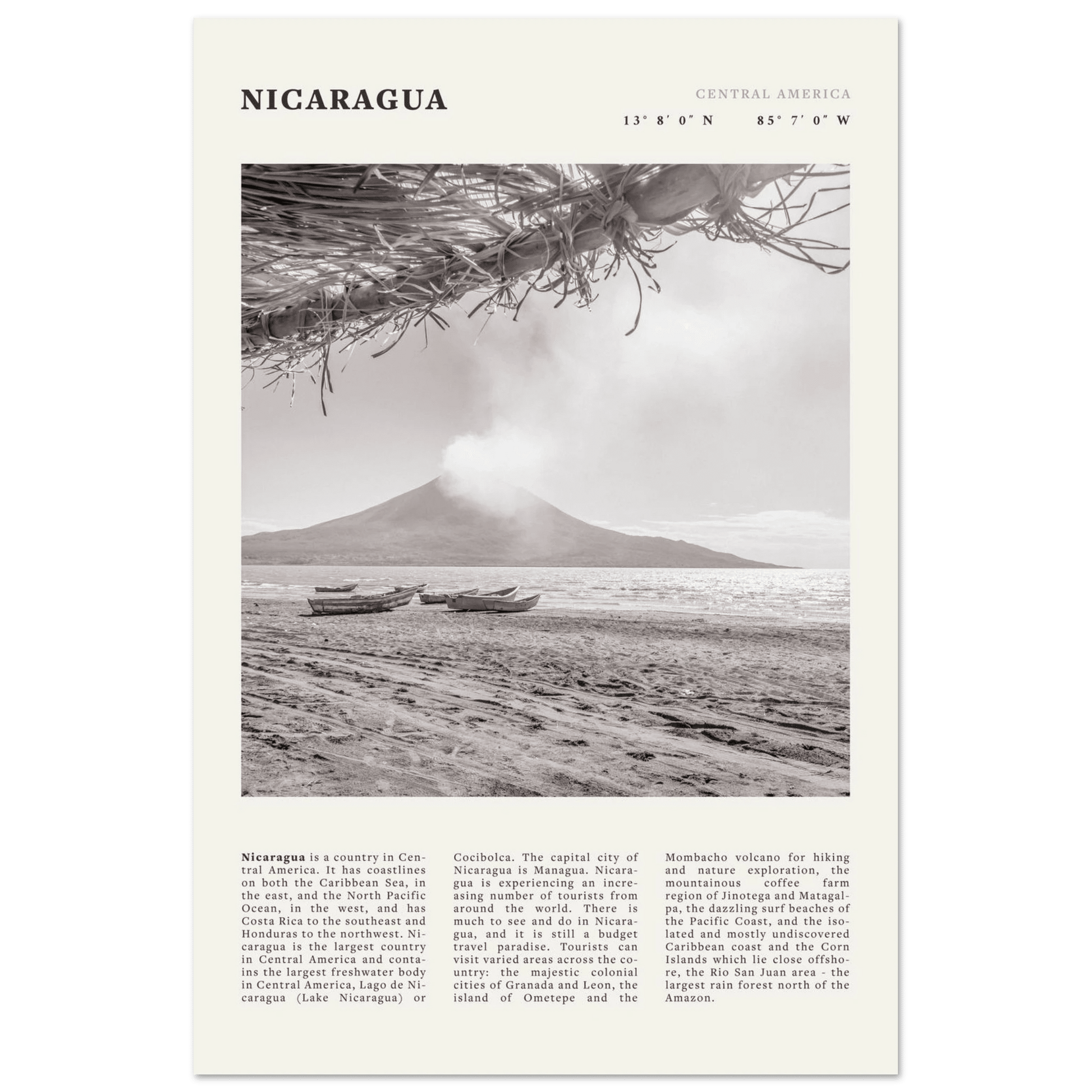 Nicaragua Poster | Black & White Volcano Wall Art | Central America Travel Print - Evergreen Posters