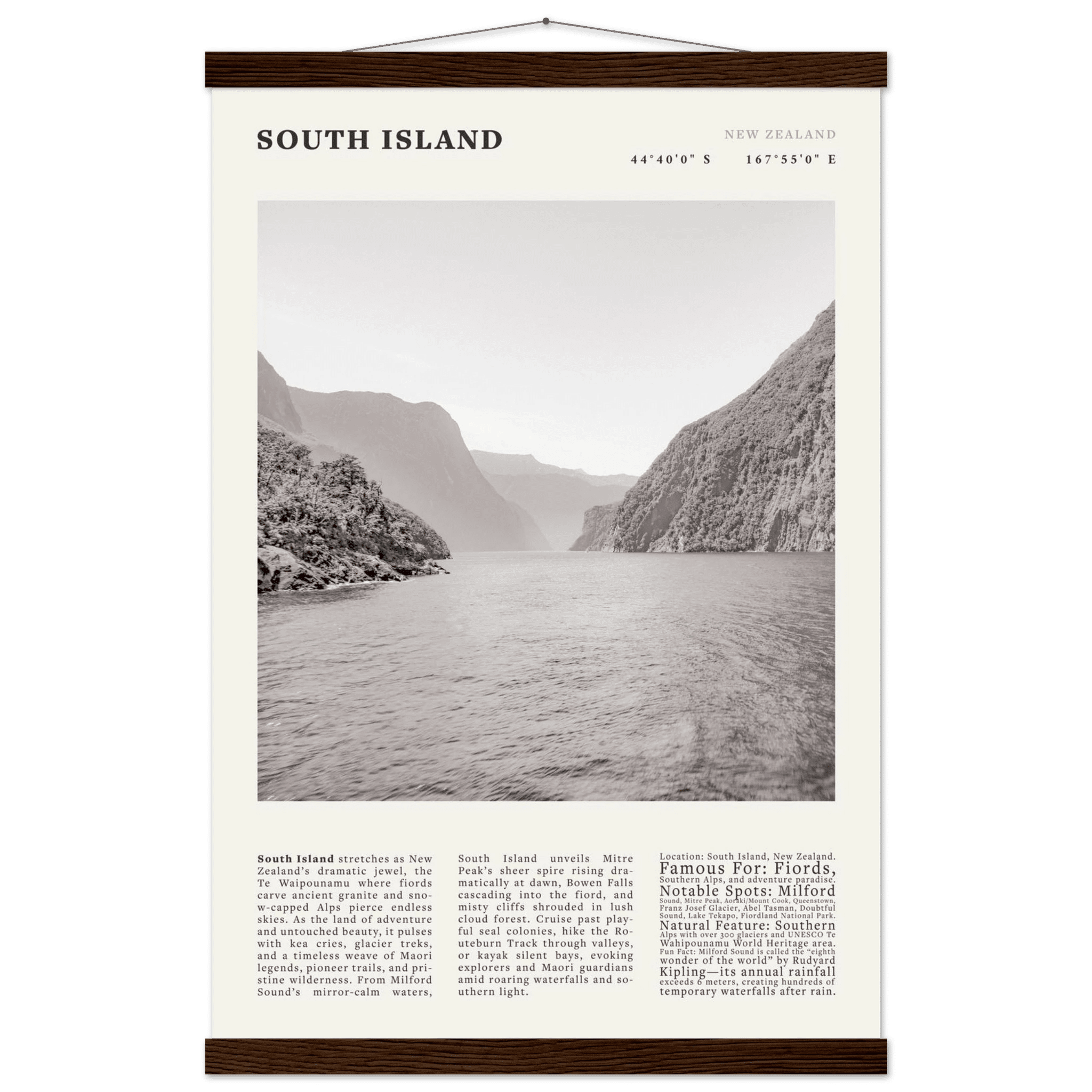 South Island New Zealand Poster Black and White – Vintage Milford Sound Fjord Print - Evergreen Posters