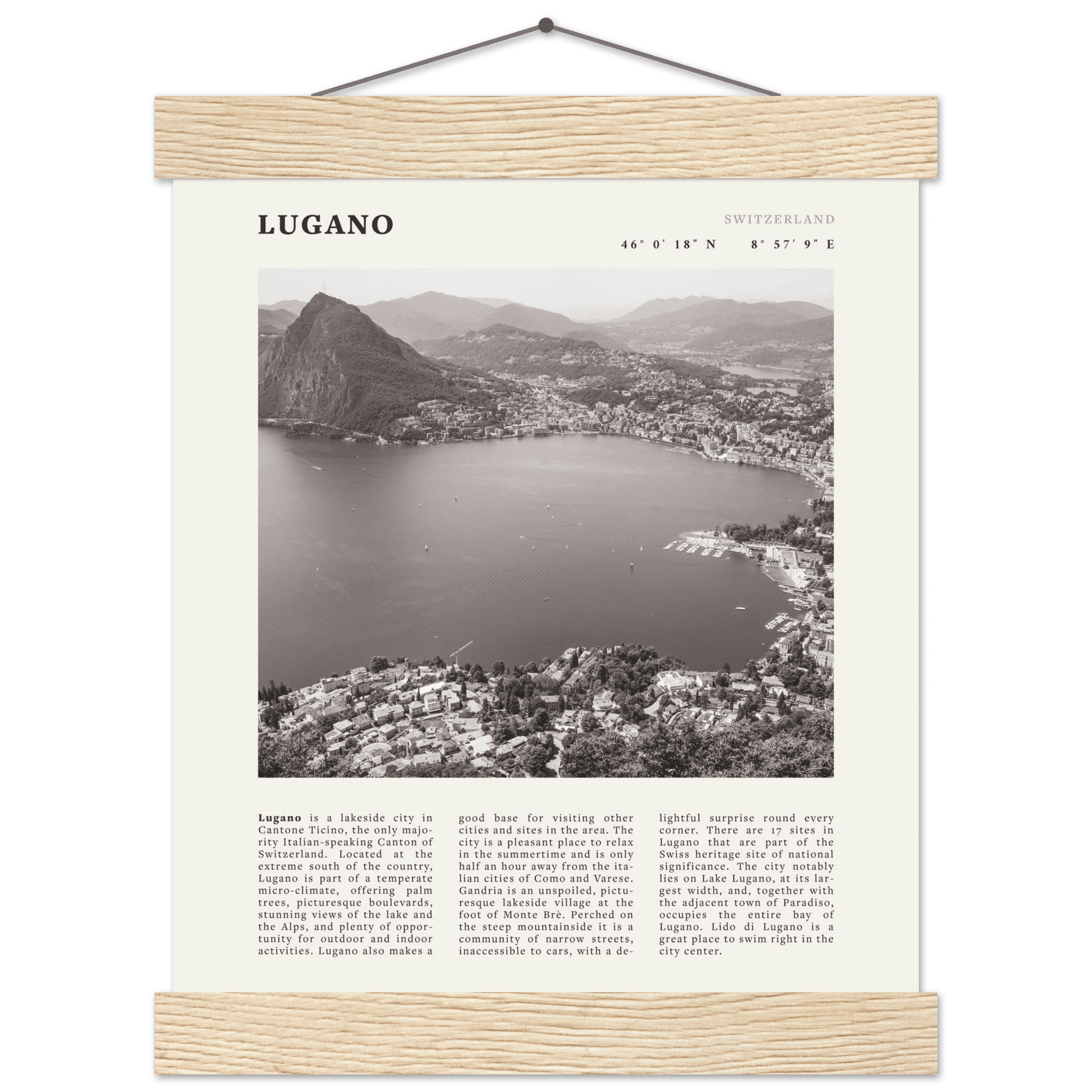 Lugano Poster | Black & White Swiss Lake Wall Art | Switzerland Travel Print - Evergreen Posters