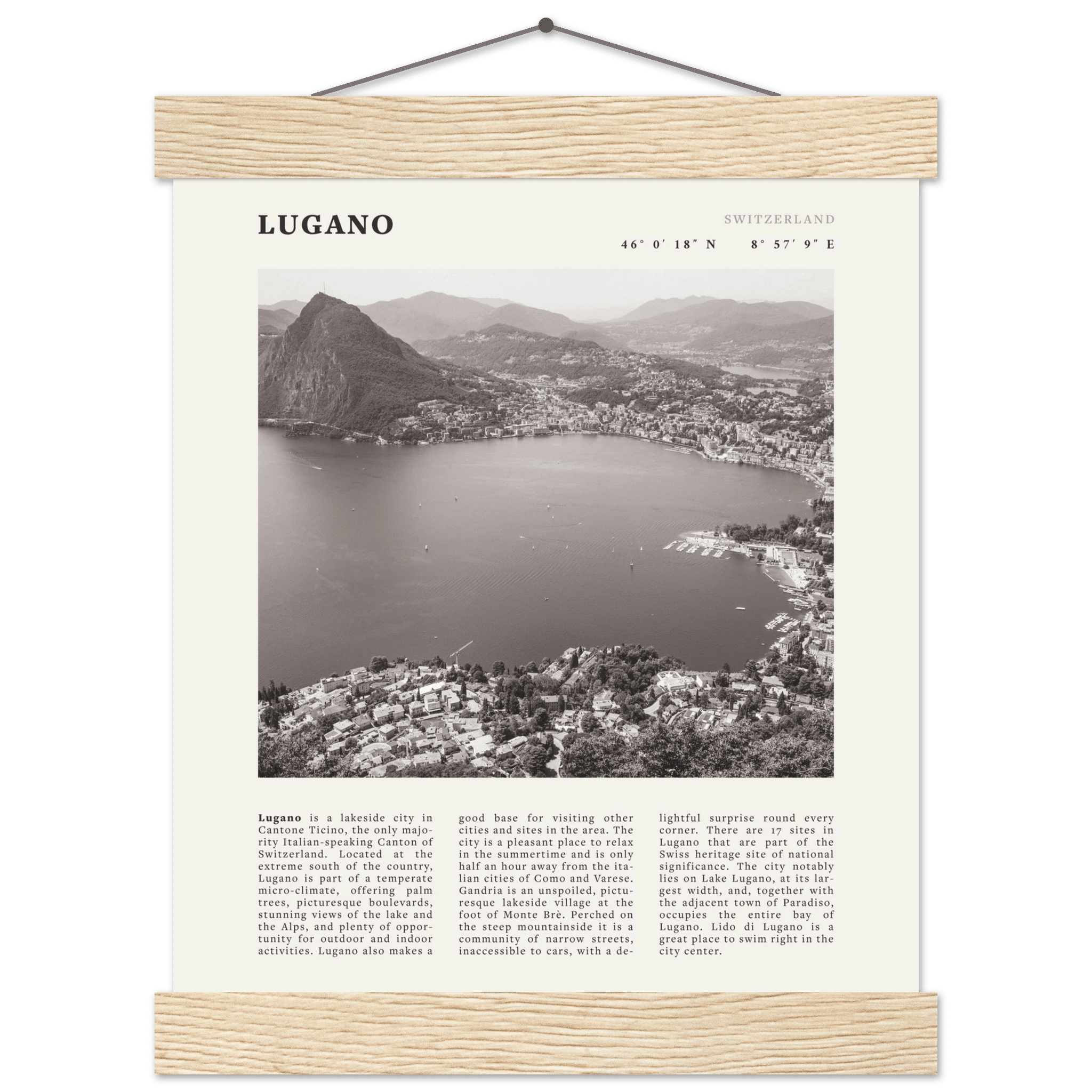 Lugano Poster | Black & White Swiss Lake Wall Art | Switzerland Travel Print - Evergreen Posters