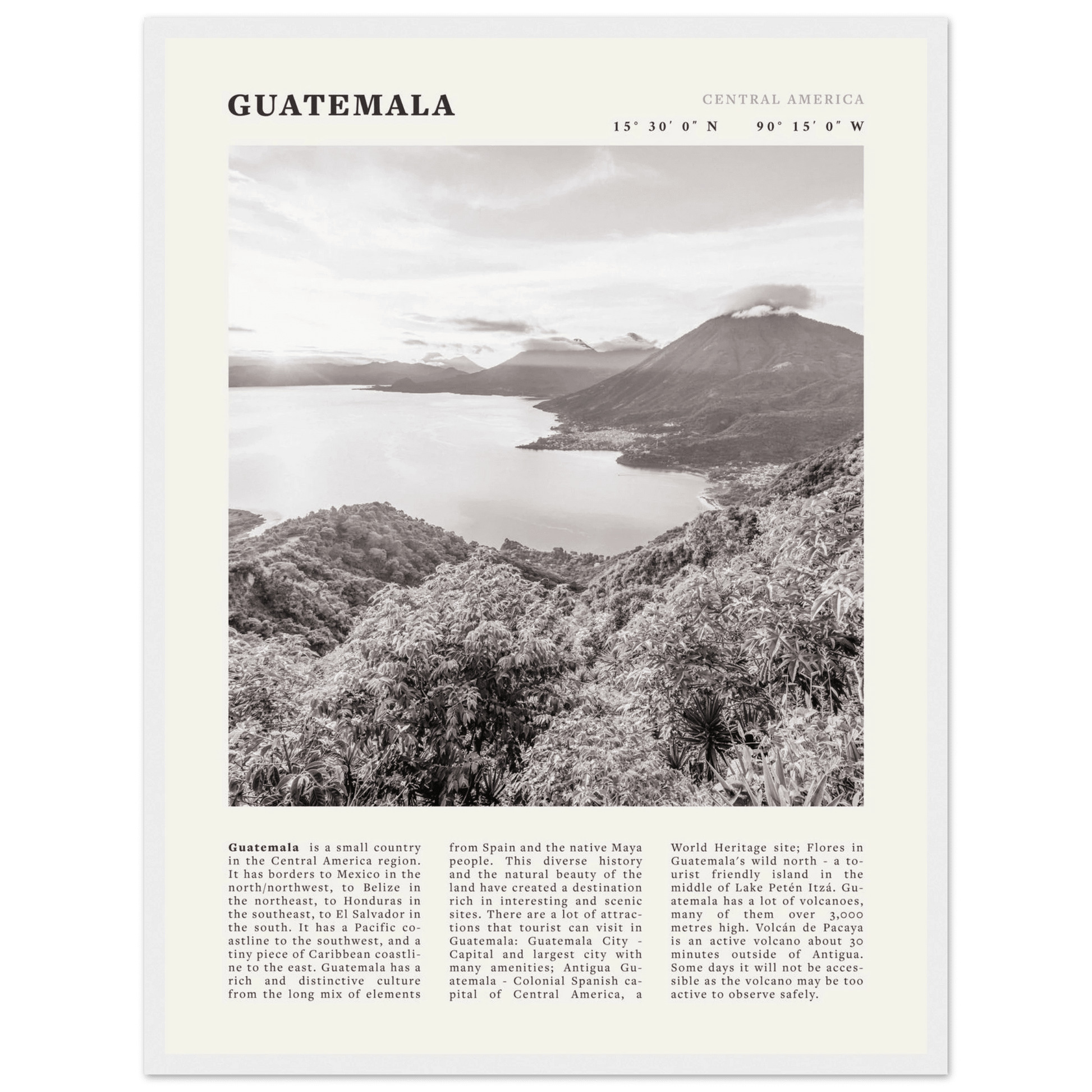 Guatemala Poster | Black & White Lake Atitlan Wall Art | Central America Travel Print - Evergreen Posters