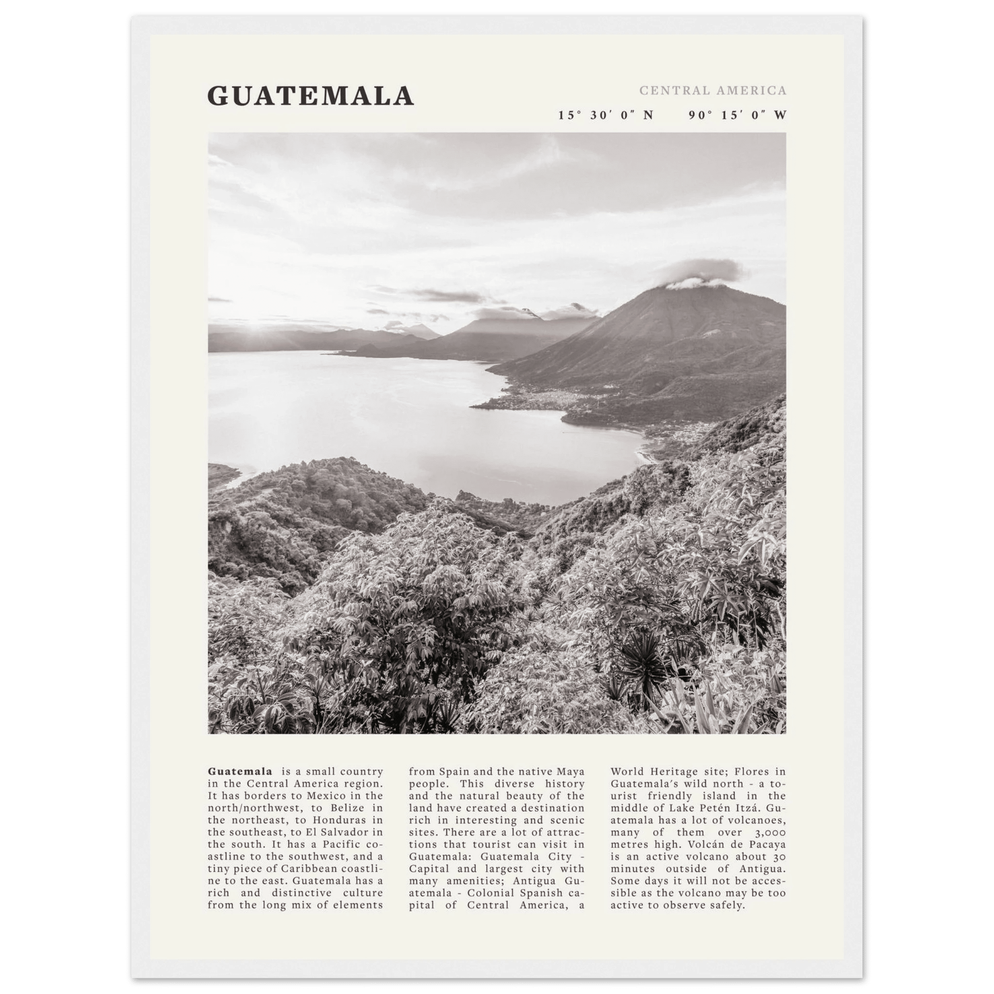 Guatemala Poster | Black & White Lake Atitlan Wall Art | Central America Travel Print - Evergreen Posters