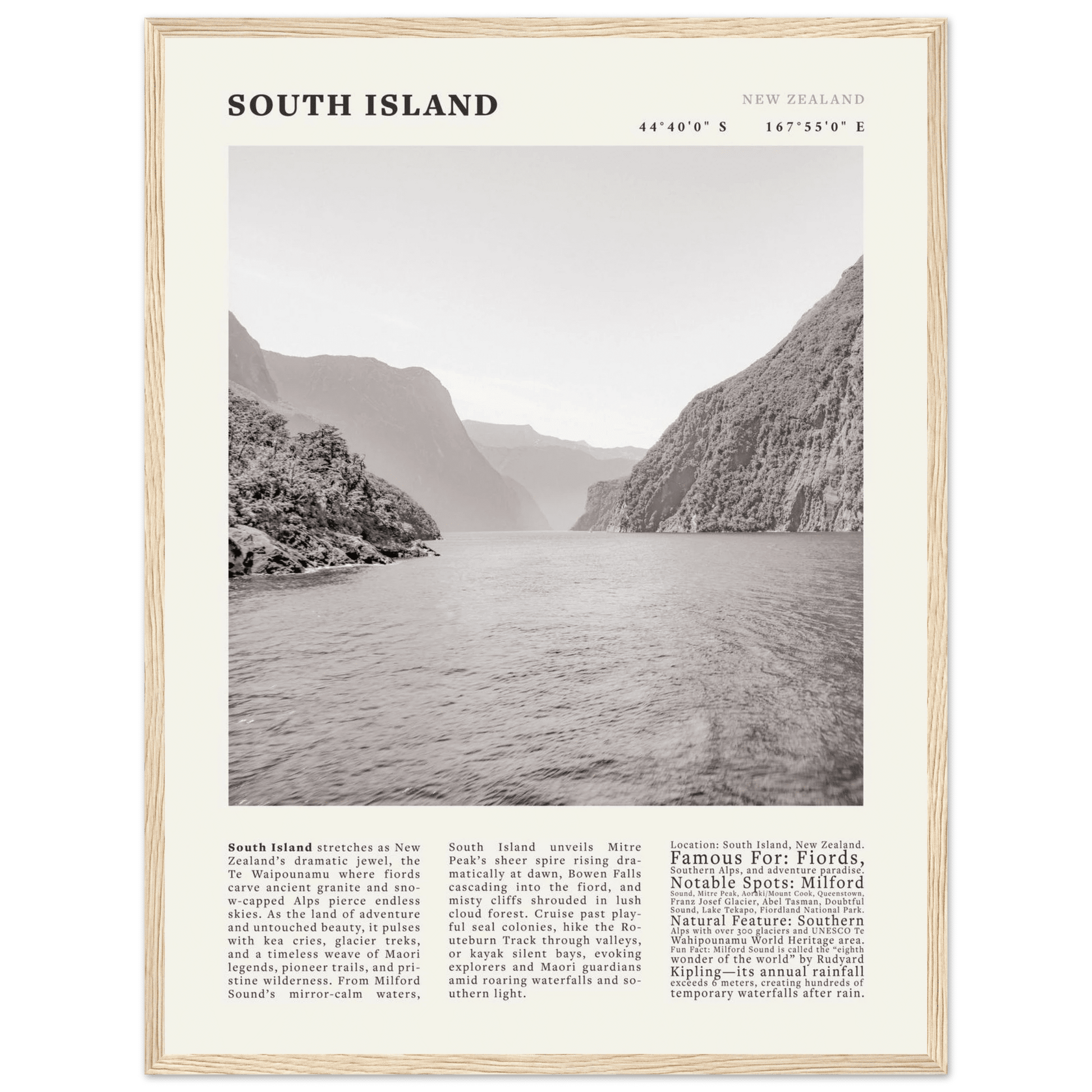 South Island New Zealand Poster Black and White – Vintage Milford Sound Fjord Print - Evergreen Posters