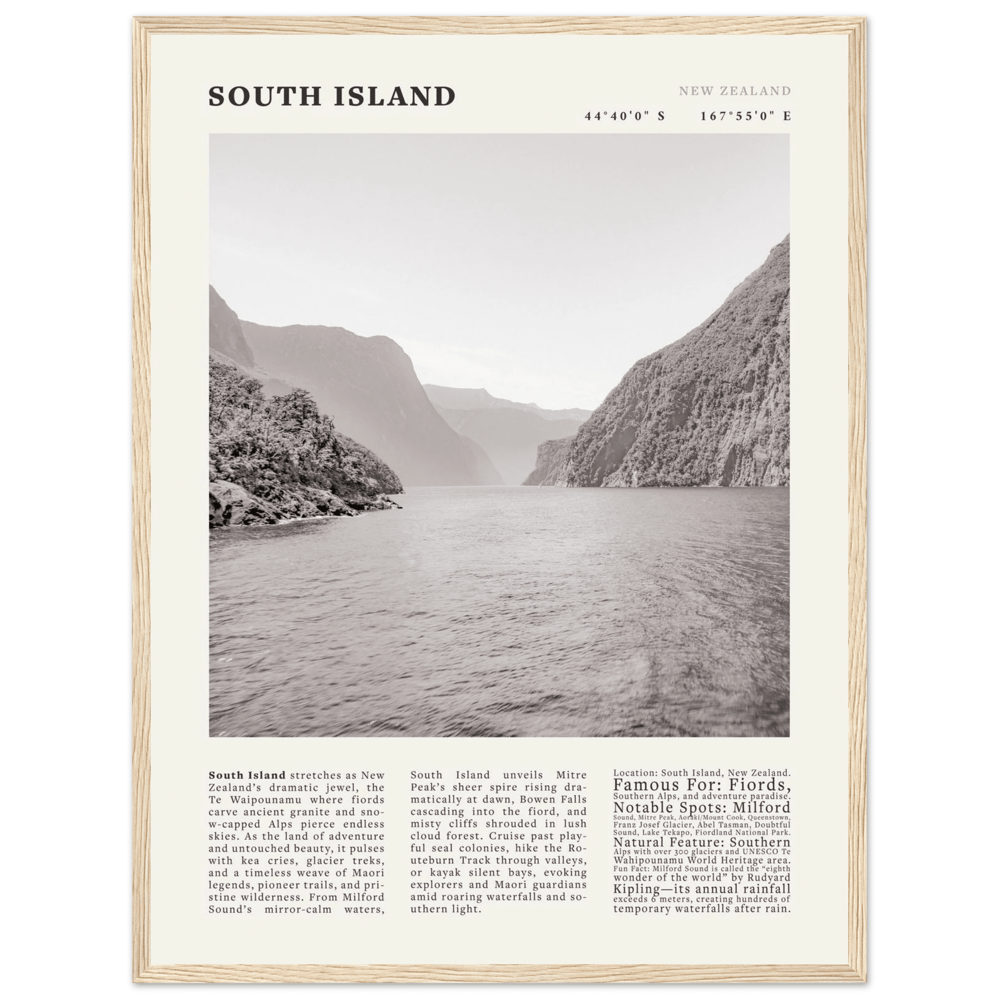 South Island New Zealand Poster Black and White – Vintage Milford Sound Fjord Print - Evergreen Posters