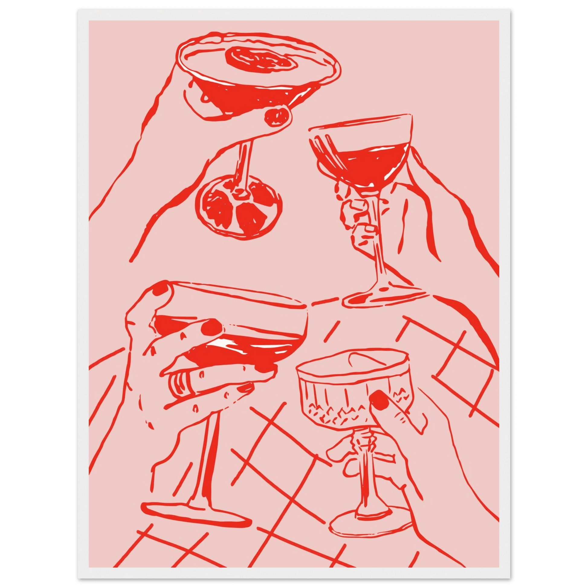 Cheers Print | Red & Pink Cocktail Glasses Wall Art | Kitchen Bar Poster - Evergreen Posters
