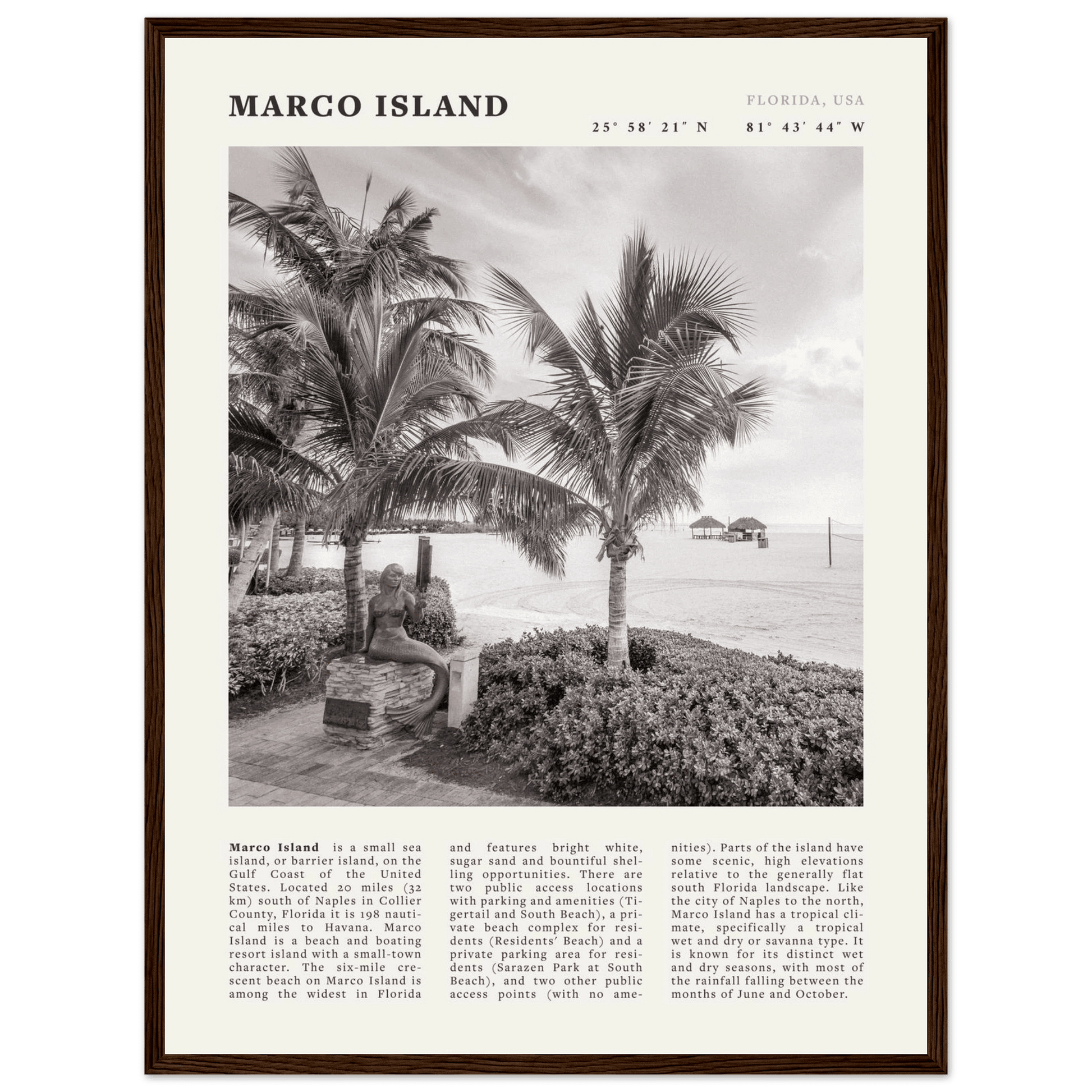 Marco Island Poster | Black & White Florida Beach Wall Art | Coastal Travel Print - Evergreen Posters