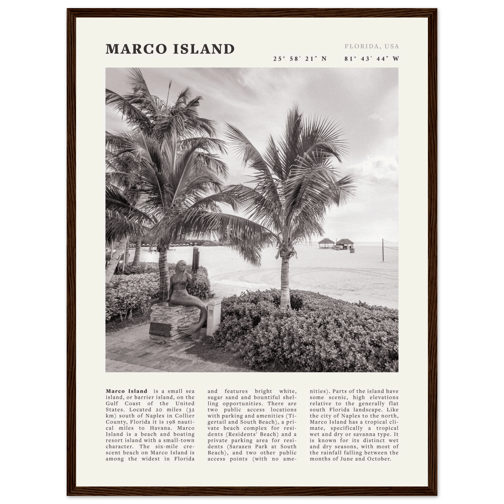 Marco Island Poster | Black & White Florida Beach Wall Art | Coastal Travel Print - Evergreen Posters