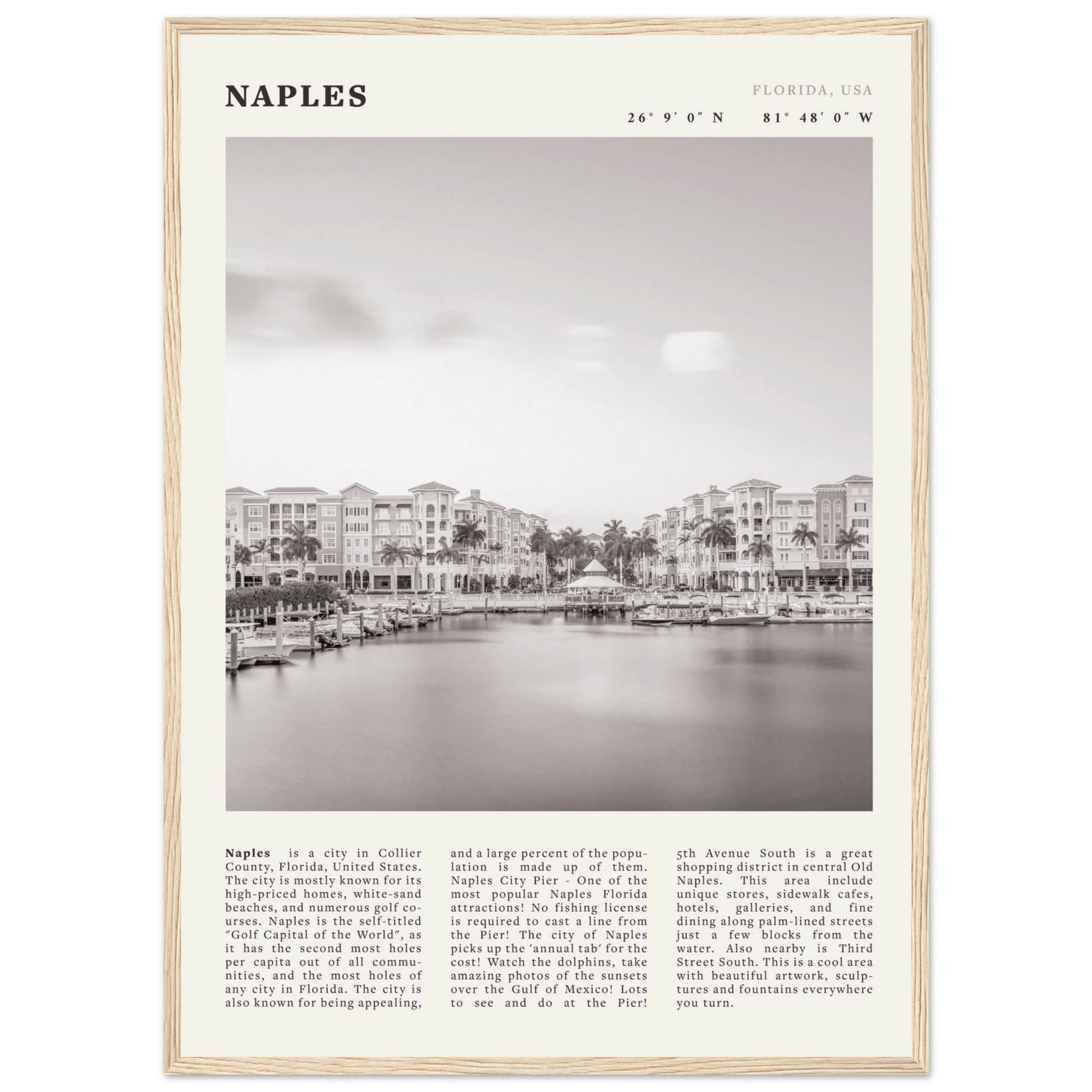 Naples Florida Poster | Black & White Gulf Coast Wall Art | FL Travel Print - Evergreen Posters