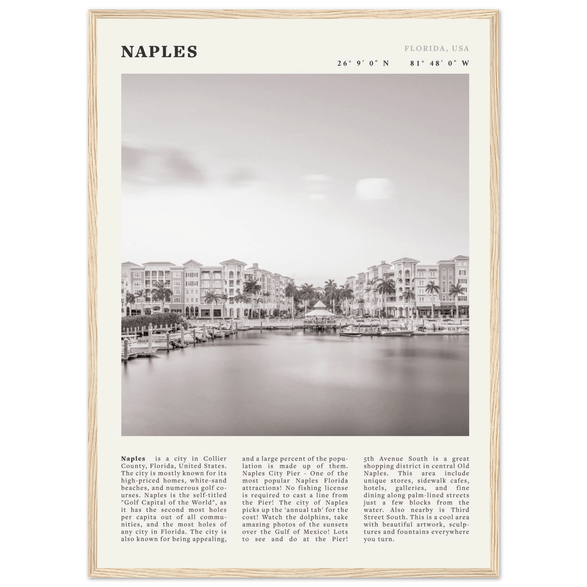 Naples Florida Poster | Black & White Gulf Coast Wall Art | FL Travel Print - Evergreen Posters