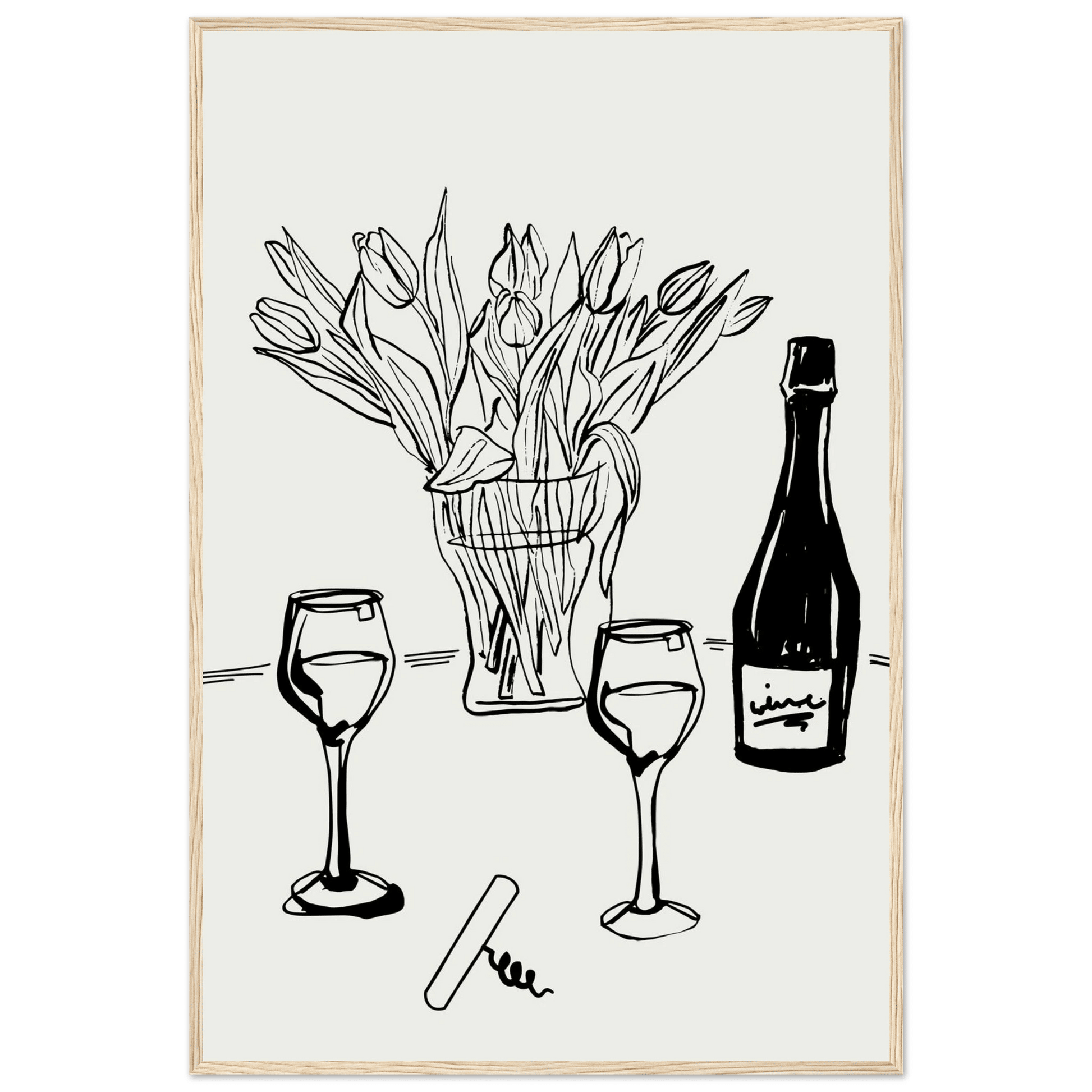 Wine & Tulips Print | Black Line Art Wine Bottle Wall Art | Minimalist Kitchen Poster - Evergreen Posters