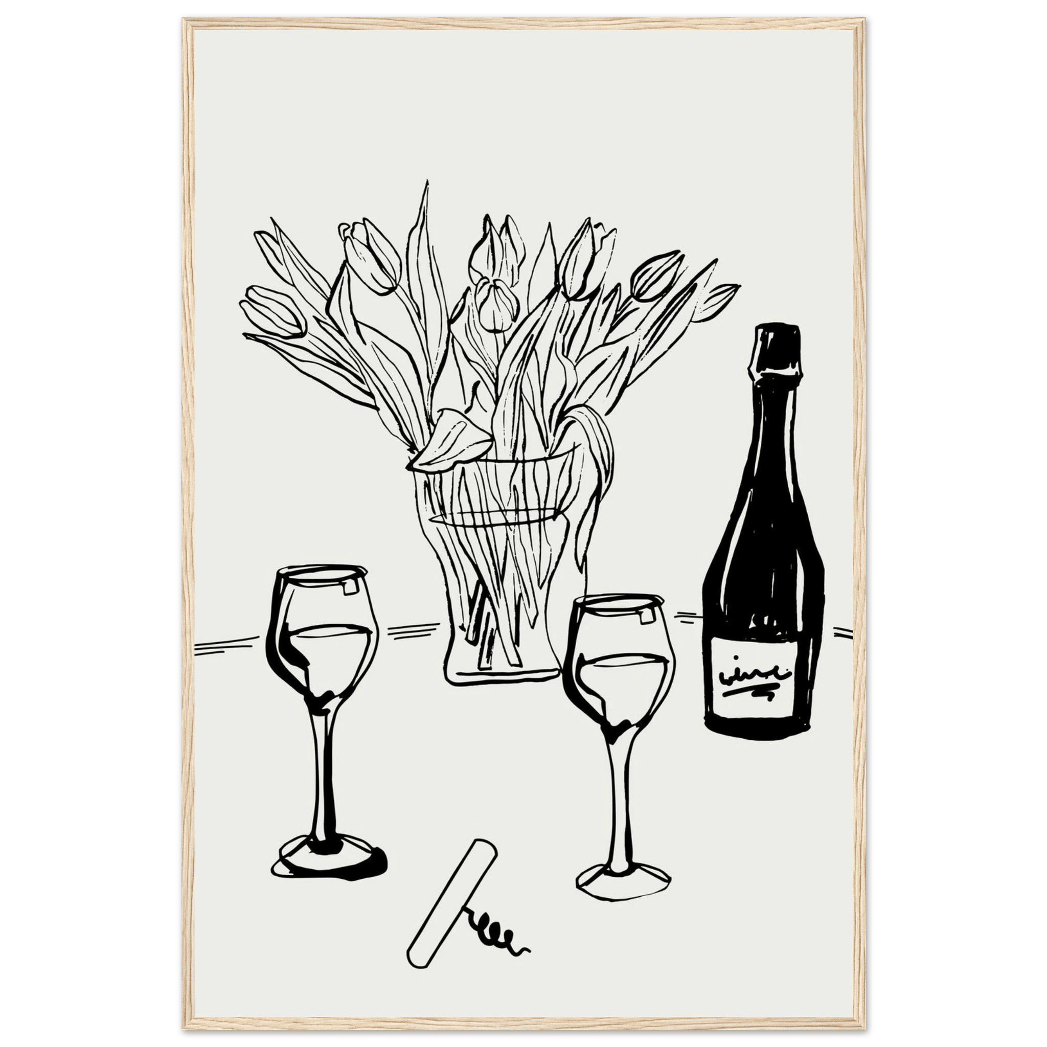 Wine & Tulips Print | Black Line Art Wine Bottle Wall Art | Minimalist Kitchen Poster - Evergreen Posters