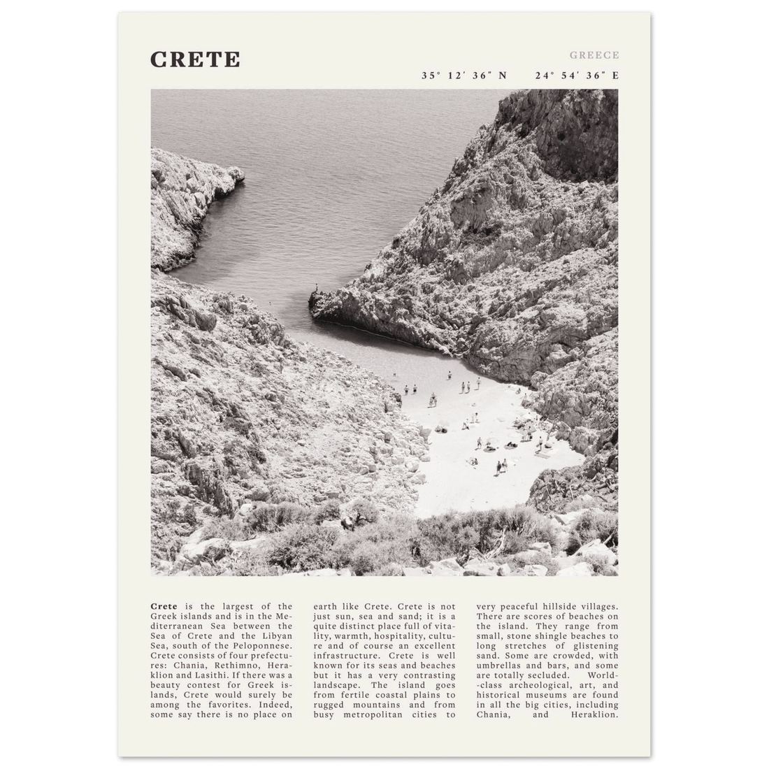 Crete Poster | Black & White Greece Beach Wall Art | Mediterranean Travel Print - Evergreen Posters