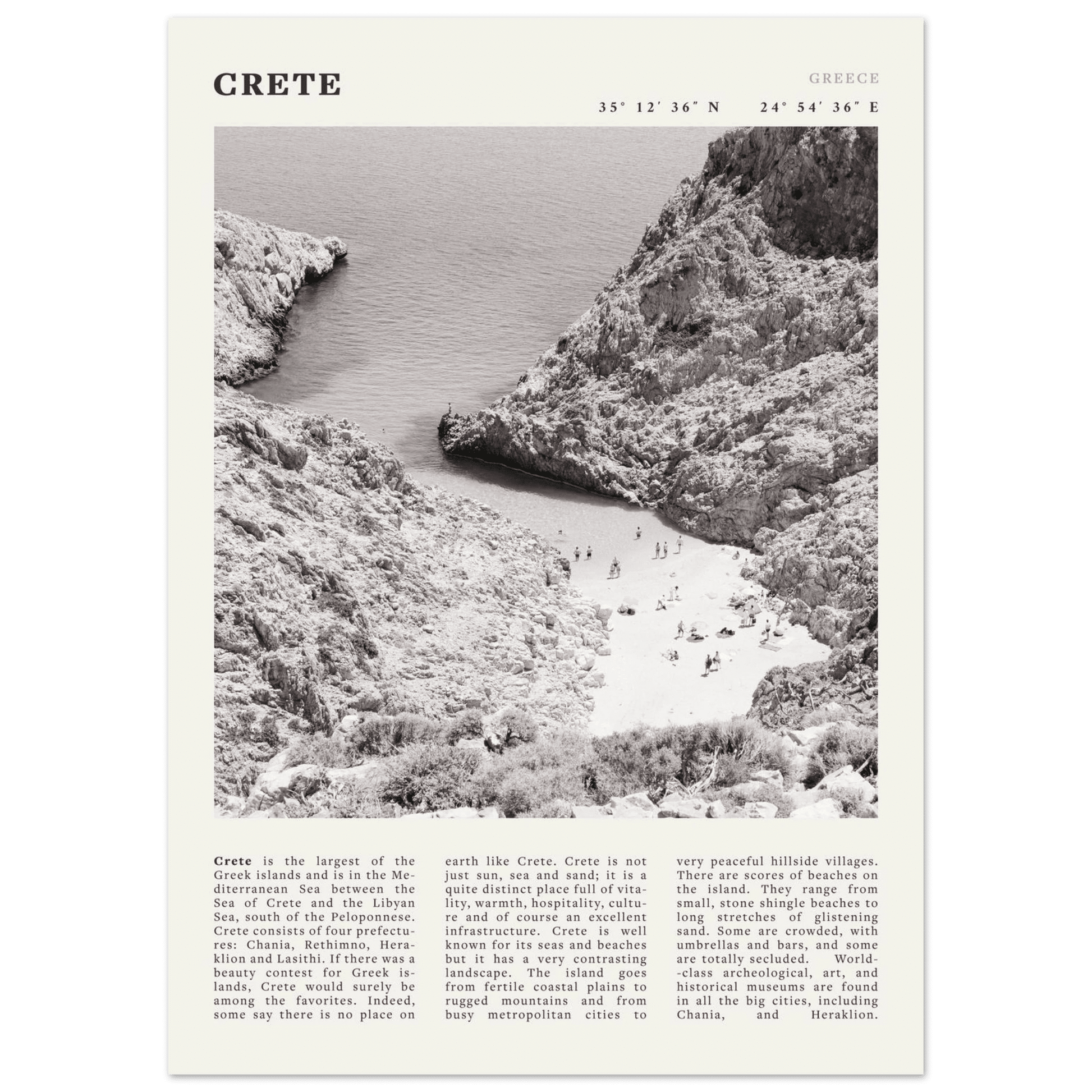 Crete Poster | Black & White Greece Beach Wall Art | Mediterranean Travel Print - Evergreen Posters
