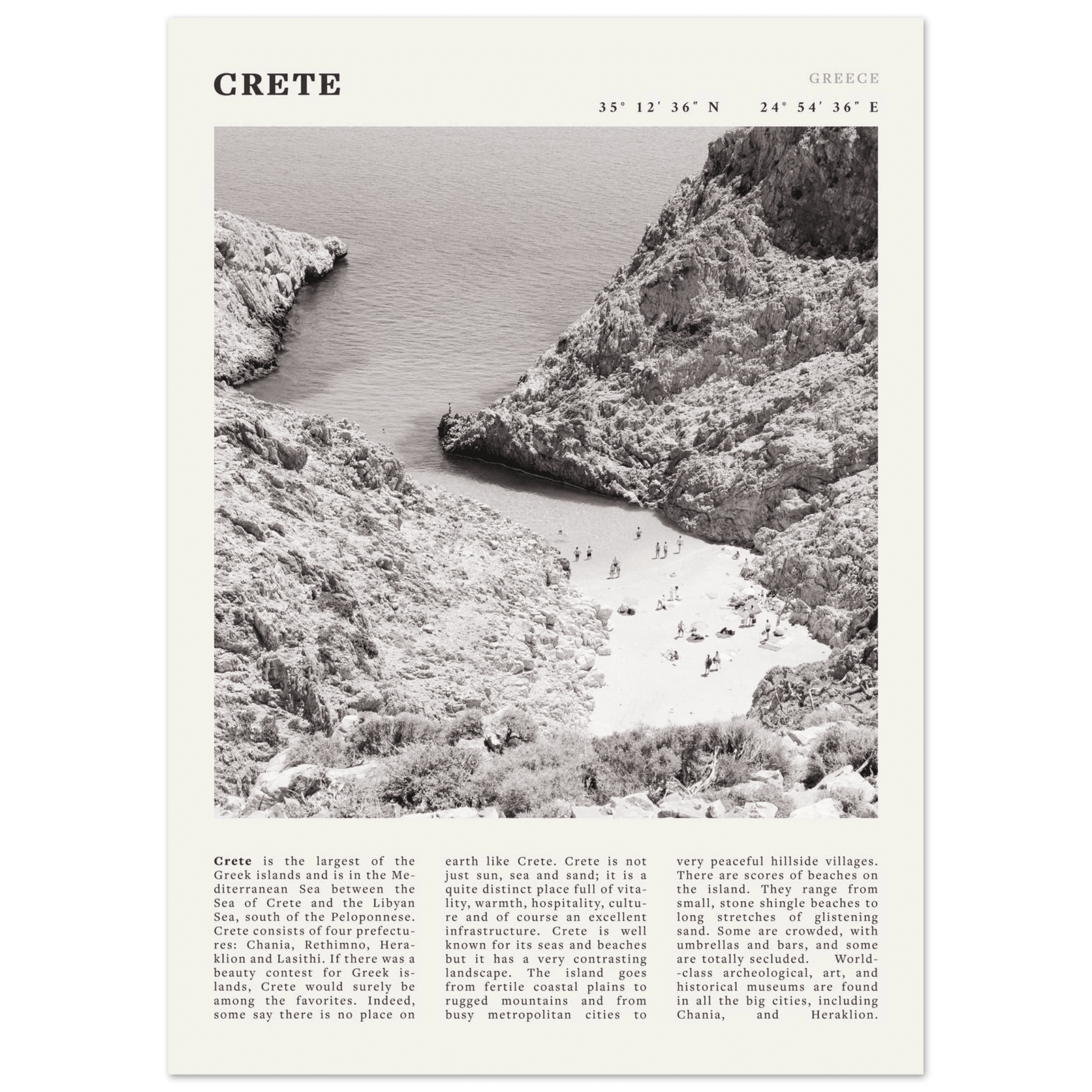 Crete Poster | Black & White Greece Beach Wall Art | Mediterranean Travel Print - Evergreen Posters