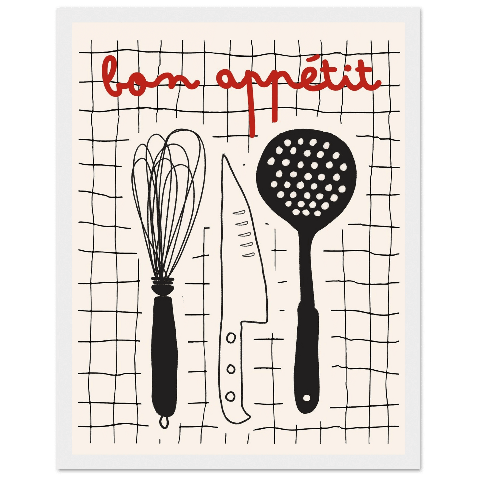 Bon Appétit French Kitchen Print | Bold Black Red Wall Art Poster - Evergreen Posters