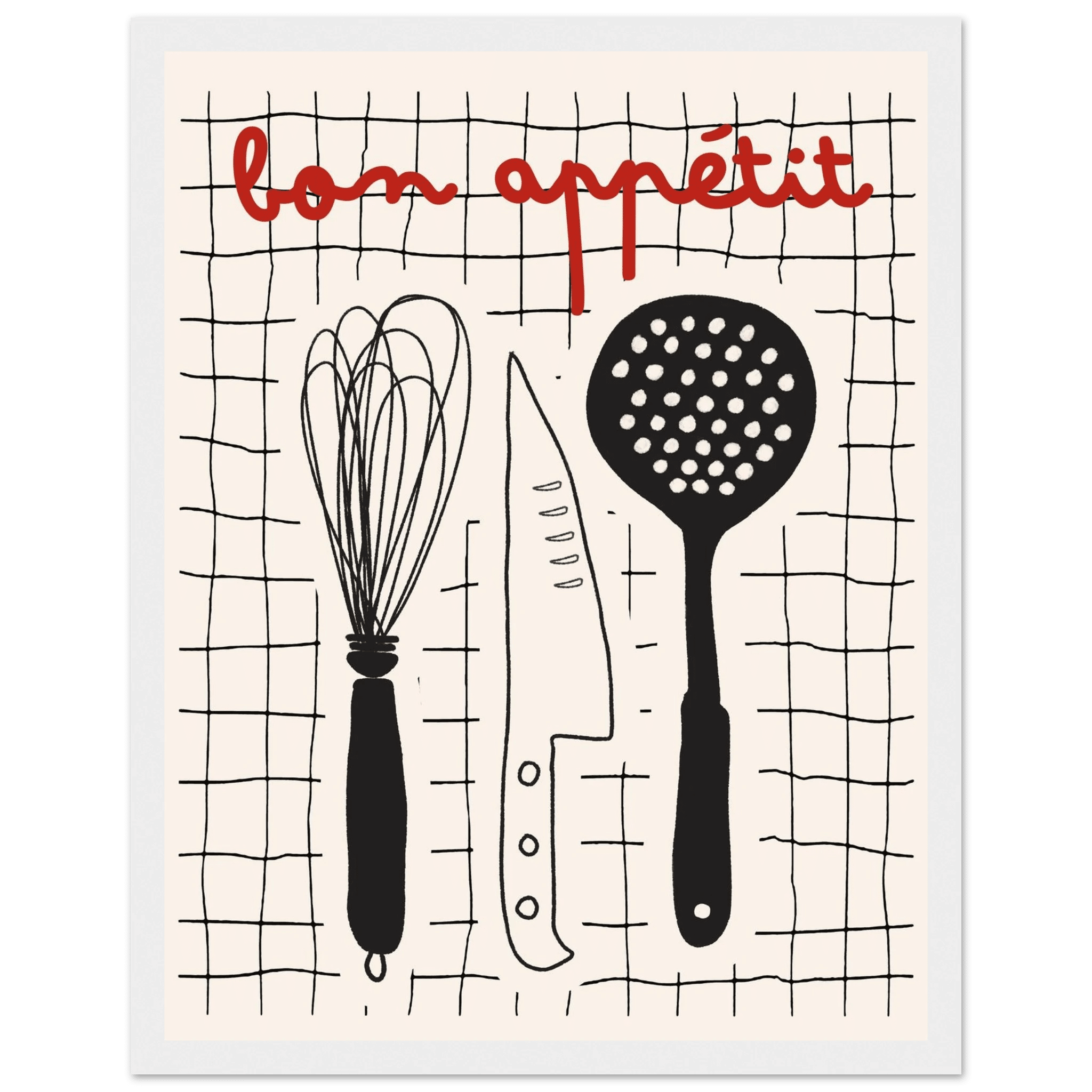 Bon Appétit French Kitchen Print | Bold Black Red Wall Art Poster - Evergreen Posters