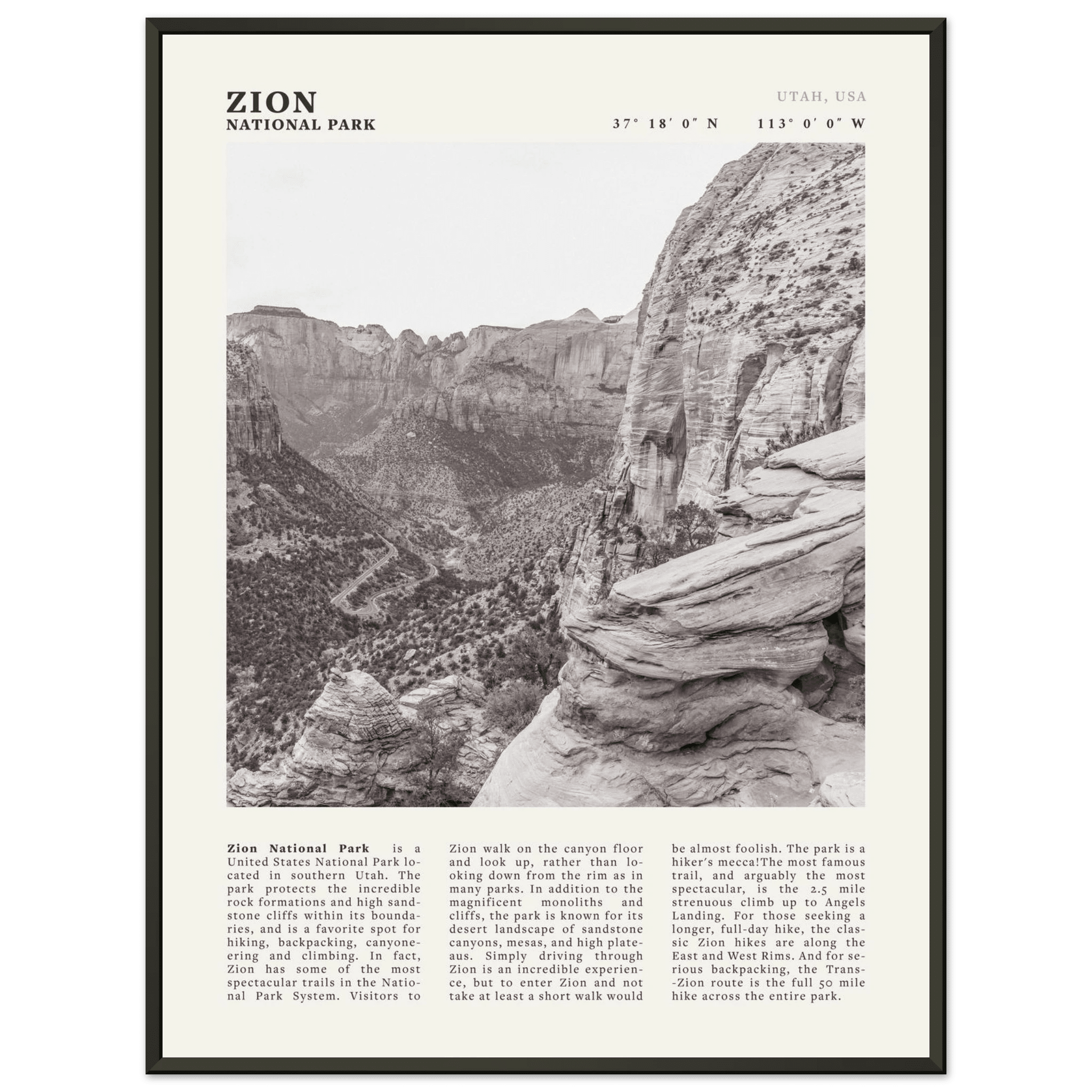 Zion National Park Poster | Black & White Utah Canyon Wall Art | USA Travel Print - Evergreen Posters
