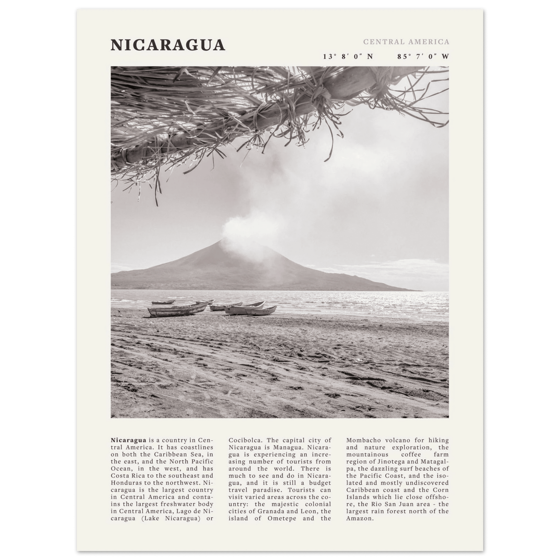 Nicaragua Poster | Black & White Volcano Wall Art | Central America Travel Print - Evergreen Posters