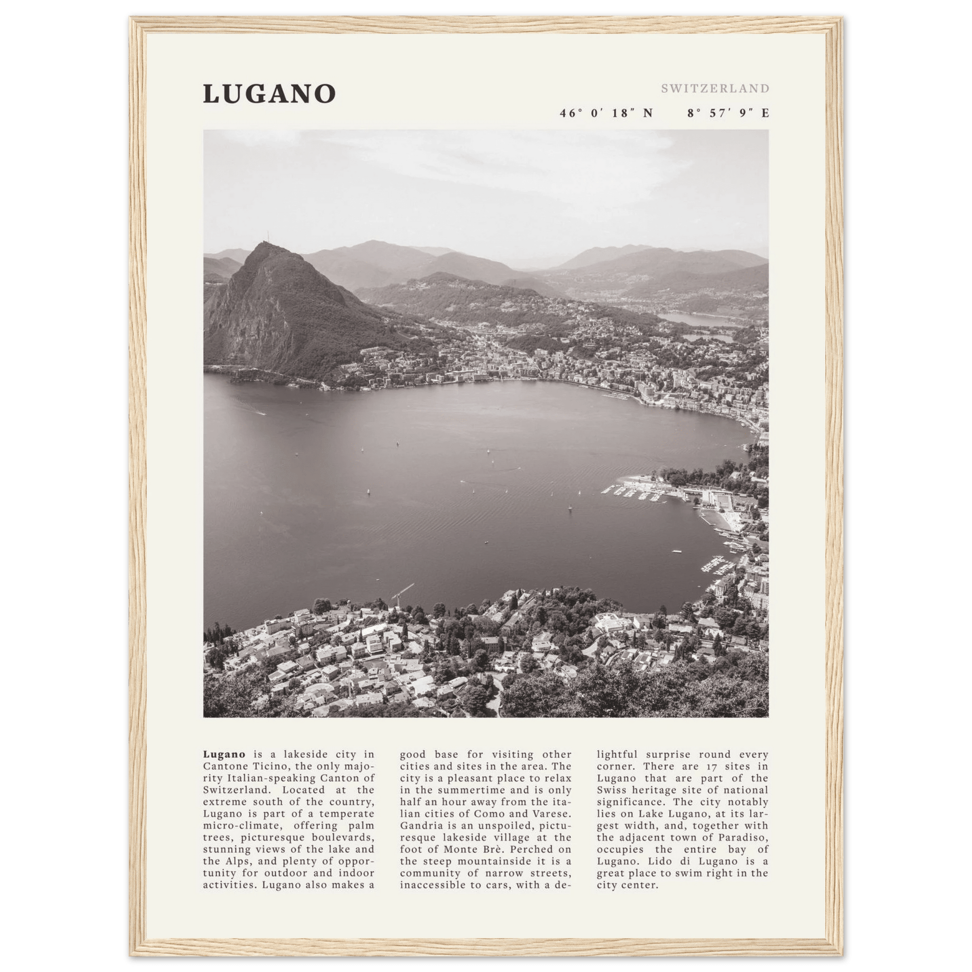 Lugano Poster | Black & White Swiss Lake Wall Art | Switzerland Travel Print - Evergreen Posters