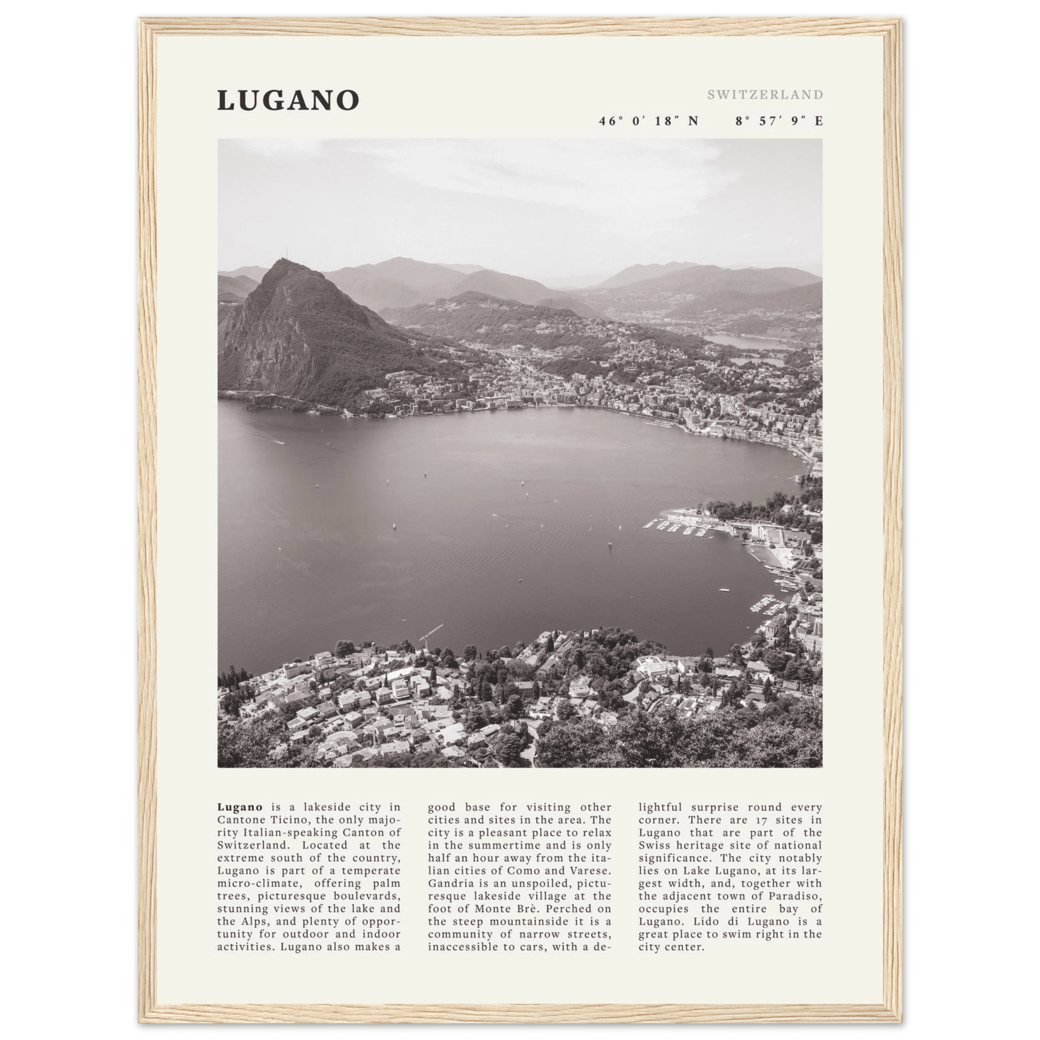 Lugano Poster | Black & White Swiss Lake Wall Art | Switzerland Travel Print - Evergreen Posters