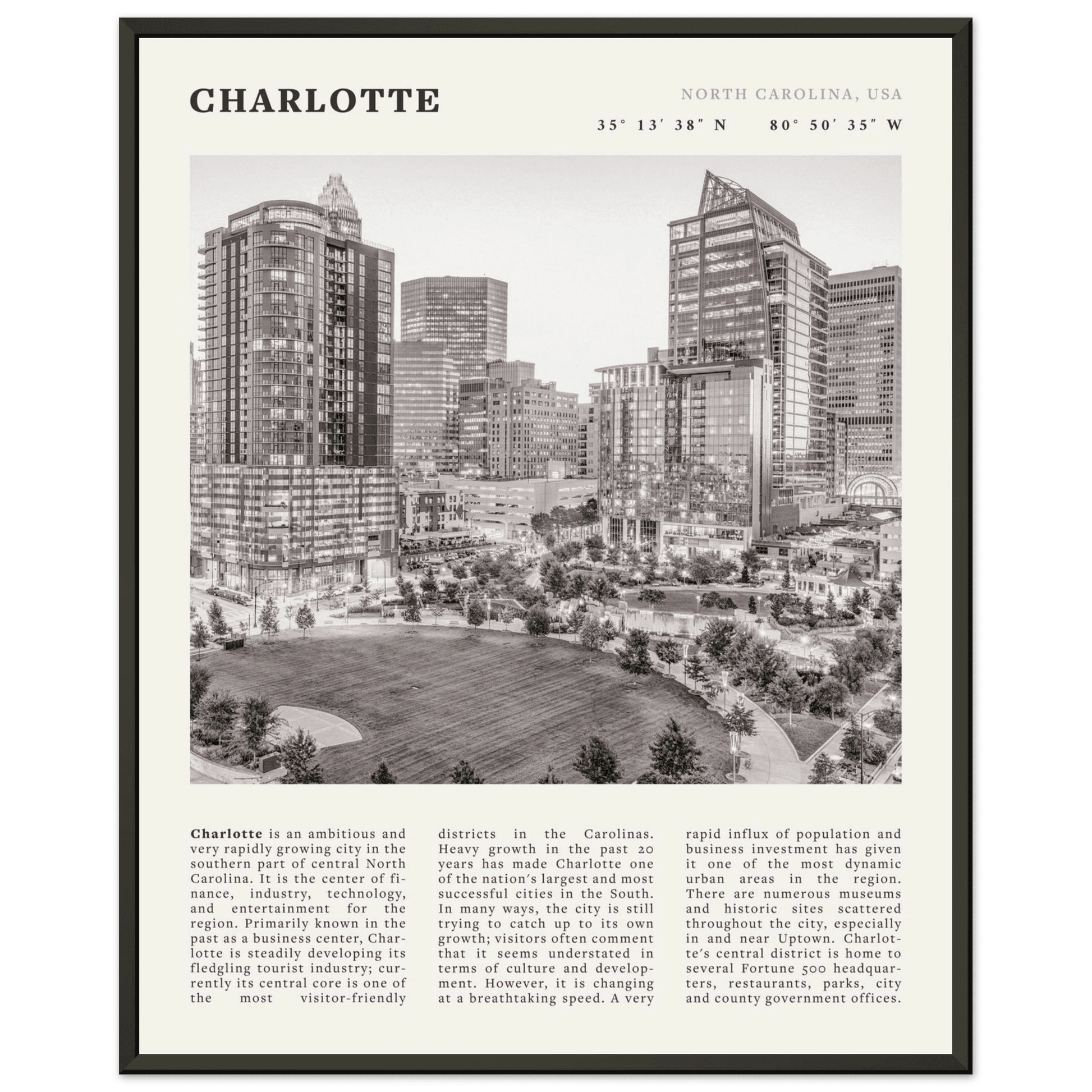 Charlotte Poster | Black & White North Carolina Skyline Wall Art | NC Travel Print - Evergreen Posters