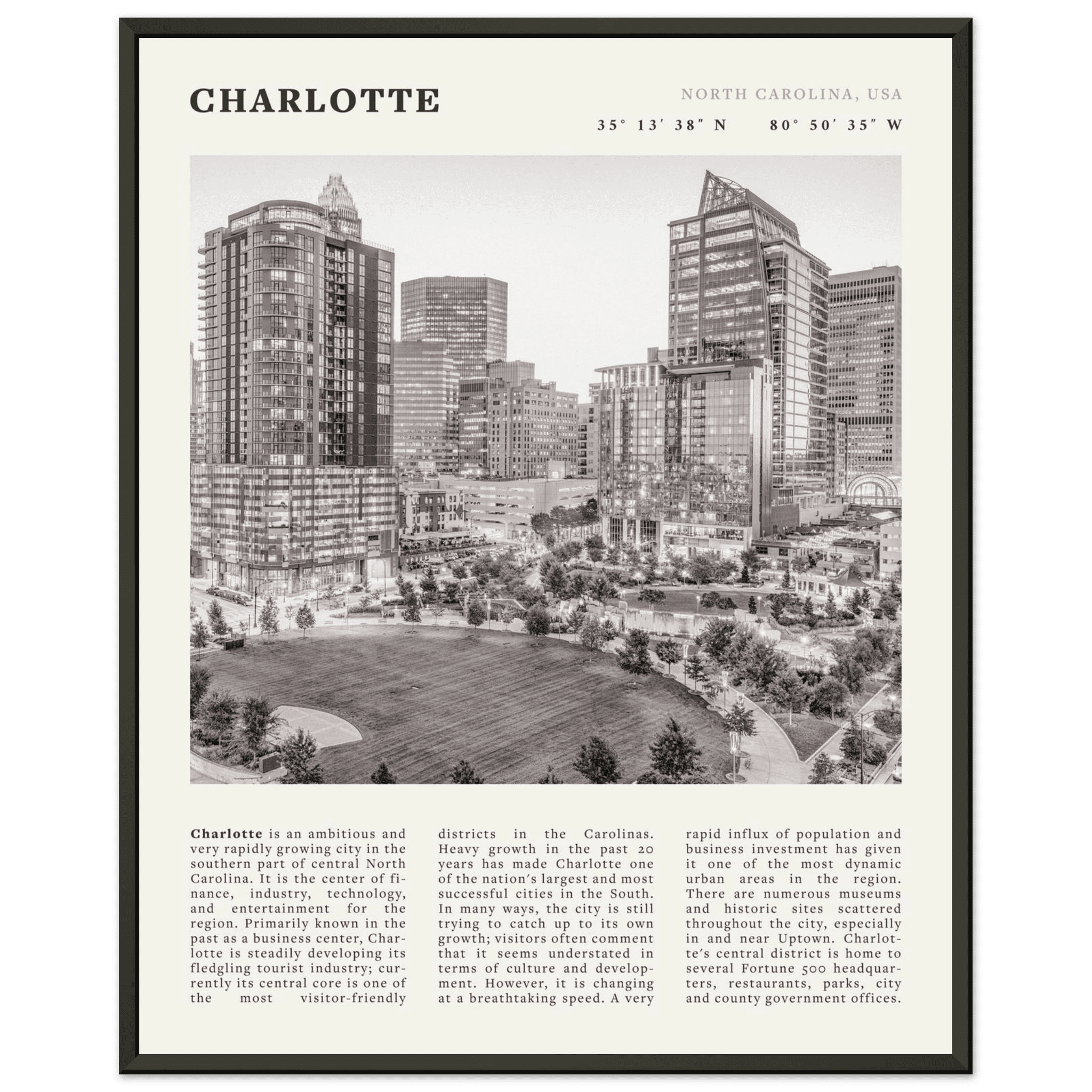 Charlotte Poster | Black & White North Carolina Skyline Wall Art | NC Travel Print - Evergreen Posters