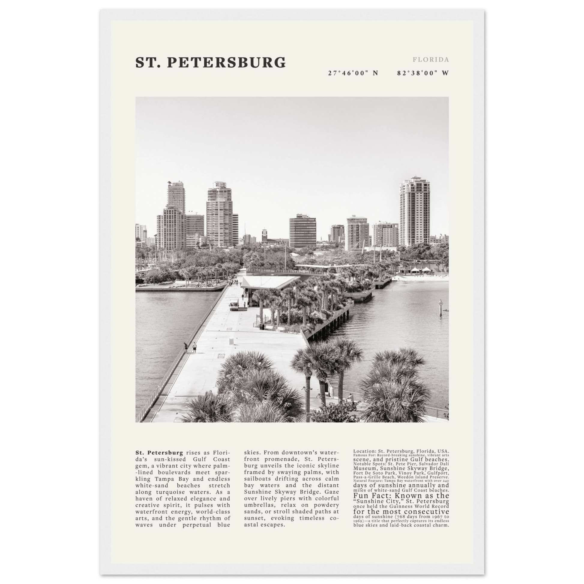 St. Petersburg Florida Poster Black and White – Vintage St Pete Skyline Print (Digital & Printed Options) - Evergreen Posters