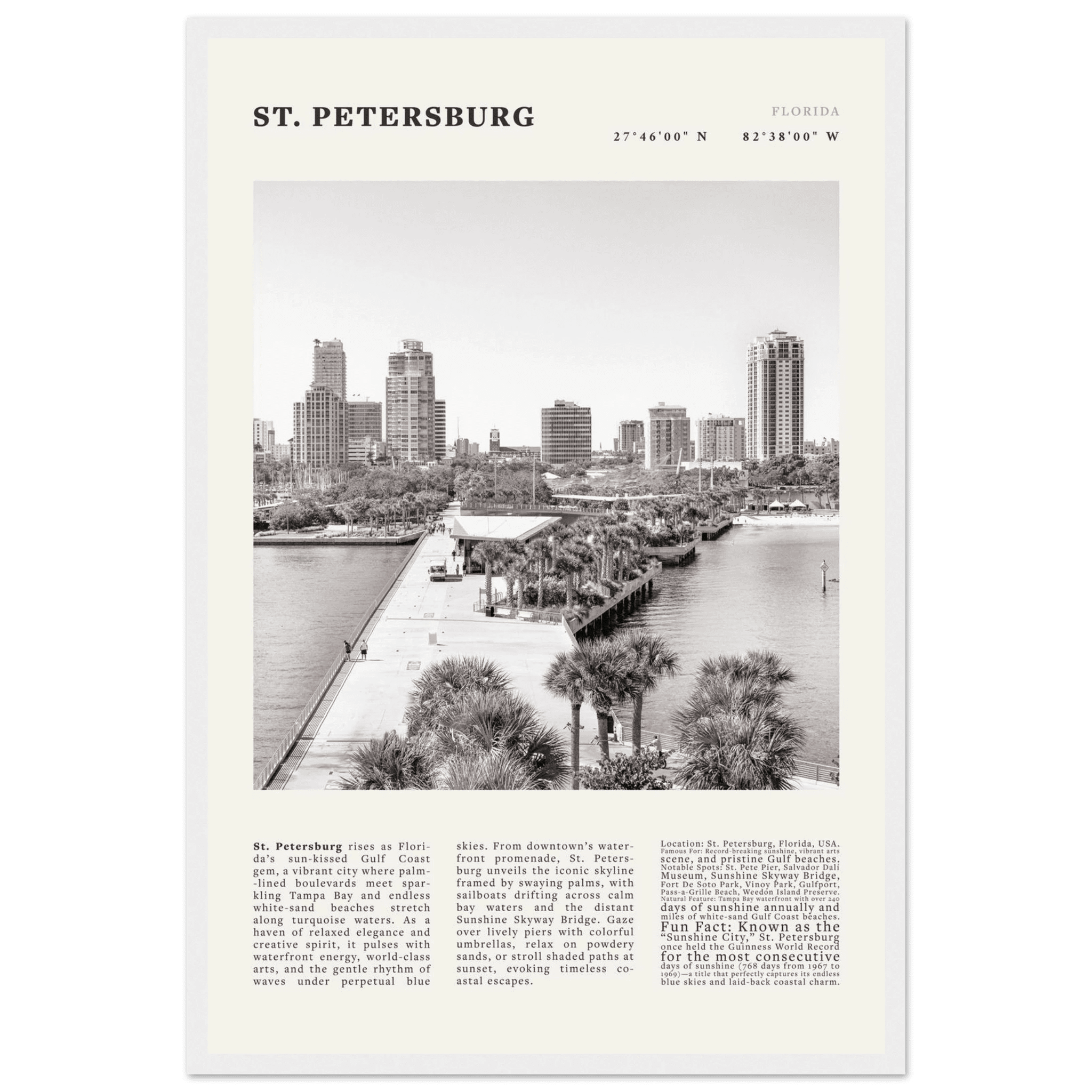 St. Petersburg Florida Poster Black and White – Vintage St Pete Skyline Print (Digital & Printed Options) - Evergreen Posters