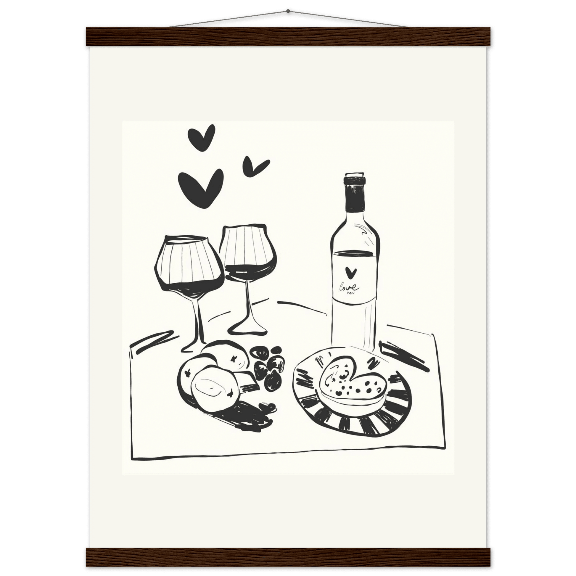 Wine for Two Print | Black Line Art Romantic Kitchen Wall Art | Couples Poster - Evergreen Posters