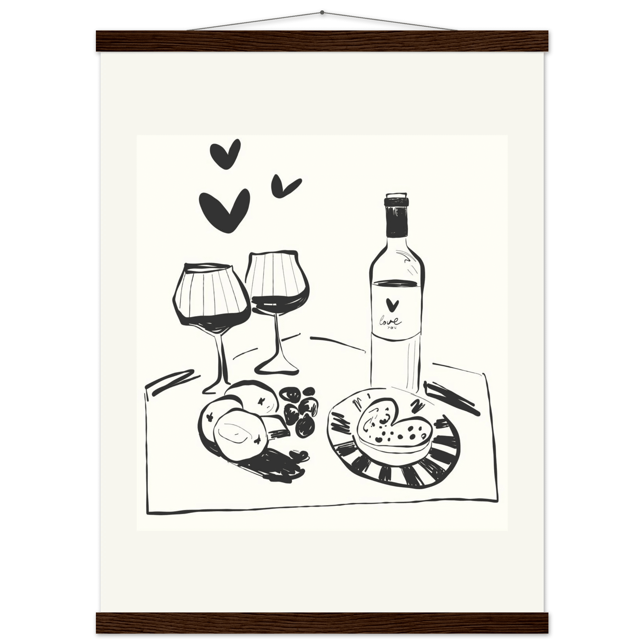 Wine for Two Print | Black Line Art Romantic Kitchen Wall Art | Couples Poster - Evergreen Posters