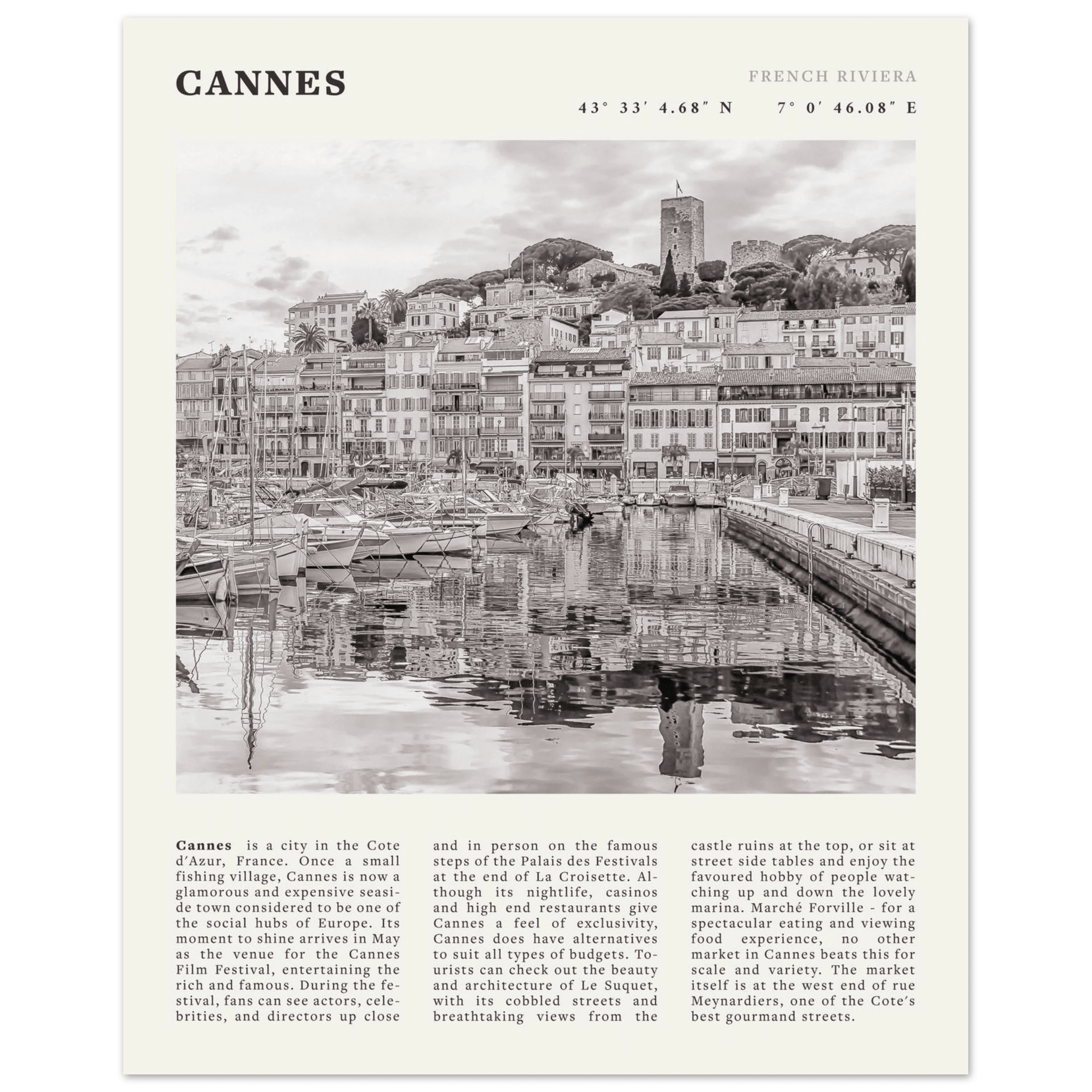 Cannes Poster | Black & White French Riviera Wall Art | France Travel Print - Evergreen Posters