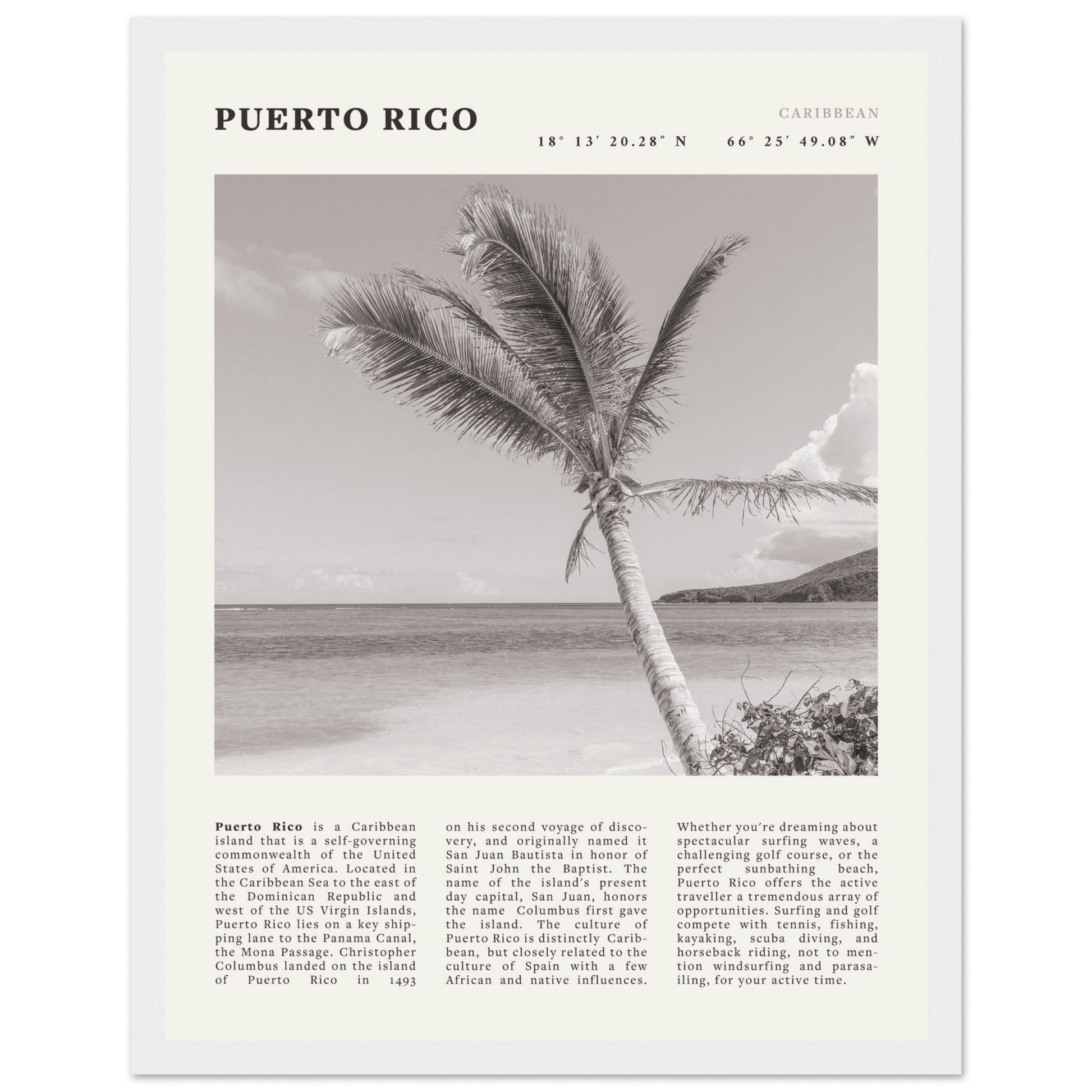 Puerto Rico Poster Black and White – Vintage Caribbean Palm Beach Print (Digital & Printed Options) - Evergreen Posters