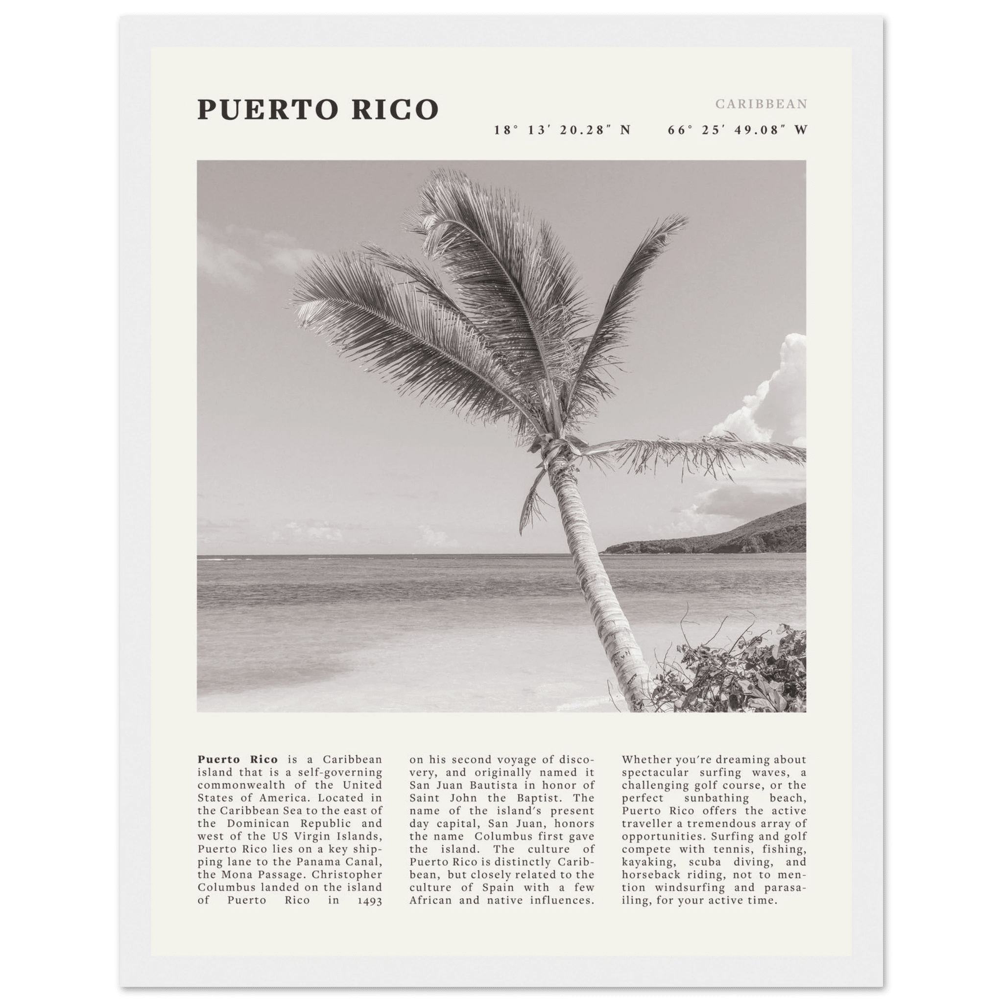 Puerto Rico Poster Black and White – Vintage Caribbean Palm Beach Print (Digital & Printed Options) - Evergreen Posters
